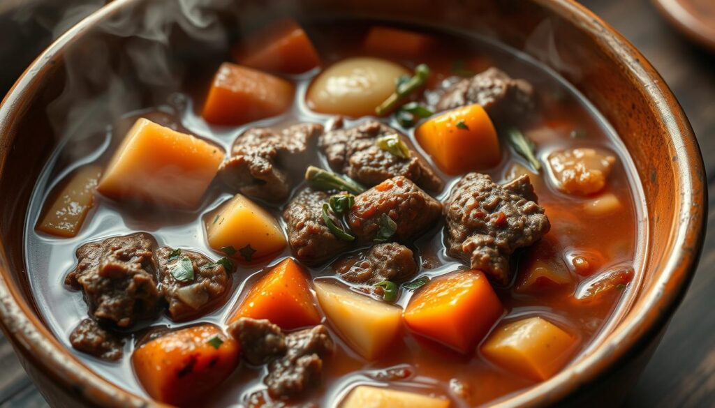 A hearty and mouth-watering beef stew, simmering in a rich, savory broth filled with tender chunks of beef, carrots, potatoes, onions, and aromatic herbs. The stew is presented in a rustic, earthenware bowl, steam gently rising, casting a warm, inviting glow under soft, natural lighting. The scene is captured from a slight overhead angle, highlighting the depth and texture of the stew, with a focus on the individual ingredients and their blend of colors and textures. The overall mood is cozy, comforting, and evocative of a homemade, homestyle dish that will leave you craving more. A hearty and mouth-watering beef stew, simmering in a rich, savory broth filled with tender chunks of beef, carrots, potatoes, onions, and aromatic herbs. The stew is presented in a rustic, earthenware bowl, steam gently rising, casting a warm, inviting glow under soft, natural lighting. The scene is captured from a slight overhead angle, highlighting the depth and texture of the stew, with a focus on the individual ingredients and their blend of colors and textures. The overall mood is cozy, comforting, and evocative of a homemade, homestyle dish that will leave you craving more.