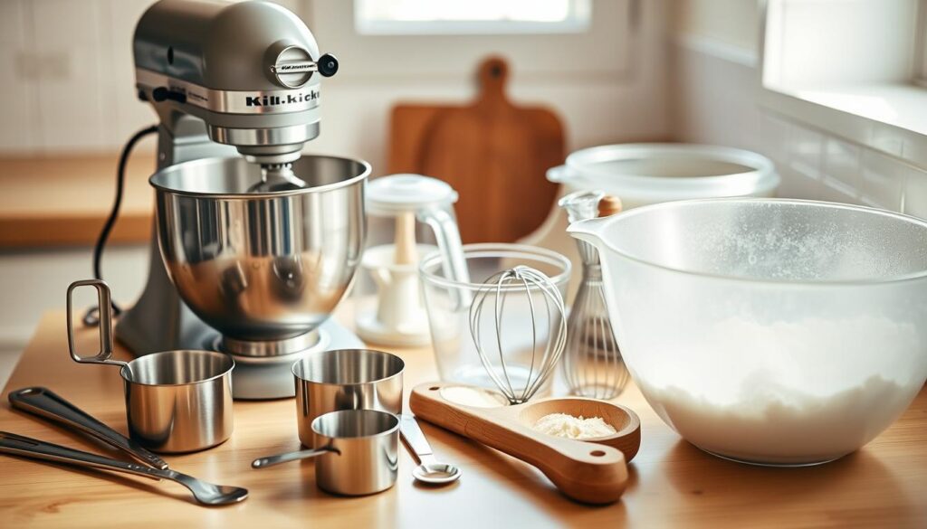 A kitchen counter filled with an array of baking equipment for creating a delicious banana cake - a stand mixer with metal attachments, a set of measuring cups and spoons, a whisk, a spatula, and a large mixing bowl. Soft natural lighting from a nearby window creates a warm, inviting atmosphere, highlighting the textures and colors of the various tools. The counter is made of a light-colored wood, providing a clean, uncluttered backdrop for the scene. The overall impression is one of organized efficiency, signaling the tools needed to confidently bake a moist, flavorful banana cake.