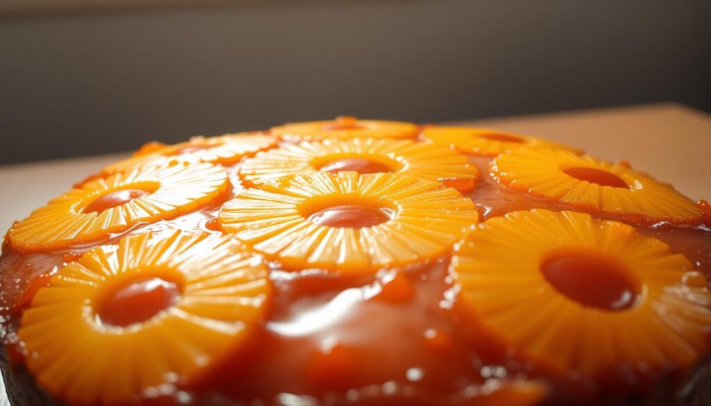 A luscious, freshly baked pineapple upside down cake, its golden caramelized top glistening under soft, warm lighting. The cake's surface is adorned with perfectly arranged rings of juicy, ripe pineapple slices, their vibrant yellow hue contrasting beautifully with the deep, amber-colored caramel. The cake's edges are crisp and golden, while the interior is moist and fluffy. The scene is captured from a low angle, emphasizing the cake's inviting, towering presence. The background is softly blurred, keeping the focus solely on the exquisite dessert, ready to be savored. A luscious, freshly baked pineapple upside down cake, its golden caramelized top glistening under soft, warm lighting. The cake's surface is adorned with perfectly arranged rings of juicy, ripe pineapple slices, their vibrant yellow hue contrasting beautifully with the deep, amber-colored caramel. The cake's edges are crisp and golden, while the interior is moist and fluffy. The scene is captured from a low angle, emphasizing the cake's inviting, towering presence. The background is softly blurred, keeping the focus solely on the exquisite dessert, ready to be savored.