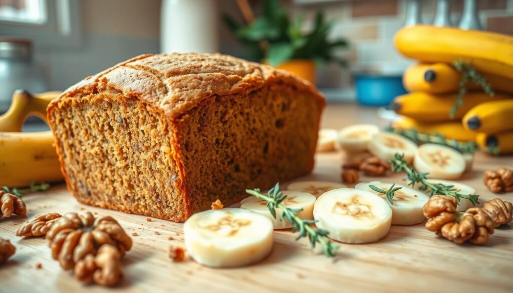 A lush and inviting kitchen counter, with a freshly baked loaf of golden-brown banana bread taking center stage. The bread's texture is moist and slightly crumbly, with visible flecks of banana and a light dusting of cinnamon. Surrounding the bread are scattered walnuts, a stack of sliced bananas, and a few sprigs of fresh thyme, adding a touch of greenery. The lighting is warm and natural, casting a soft glow on the scene. The camera angle is slightly elevated, capturing the wholesome and homemade essence of this easy banana bread recipe. A lush and inviting kitchen counter, with a freshly baked loaf of golden-brown banana bread taking center stage. The bread's texture is moist and slightly crumbly, with visible flecks of banana and a light dusting of cinnamon. Surrounding the bread are scattered walnuts, a stack of sliced bananas, and a few sprigs of fresh thyme, adding a touch of greenery. The lighting is warm and natural, casting a soft glow on the scene. The camera angle is slightly elevated, capturing the wholesome and homemade essence of this easy banana bread recipe.