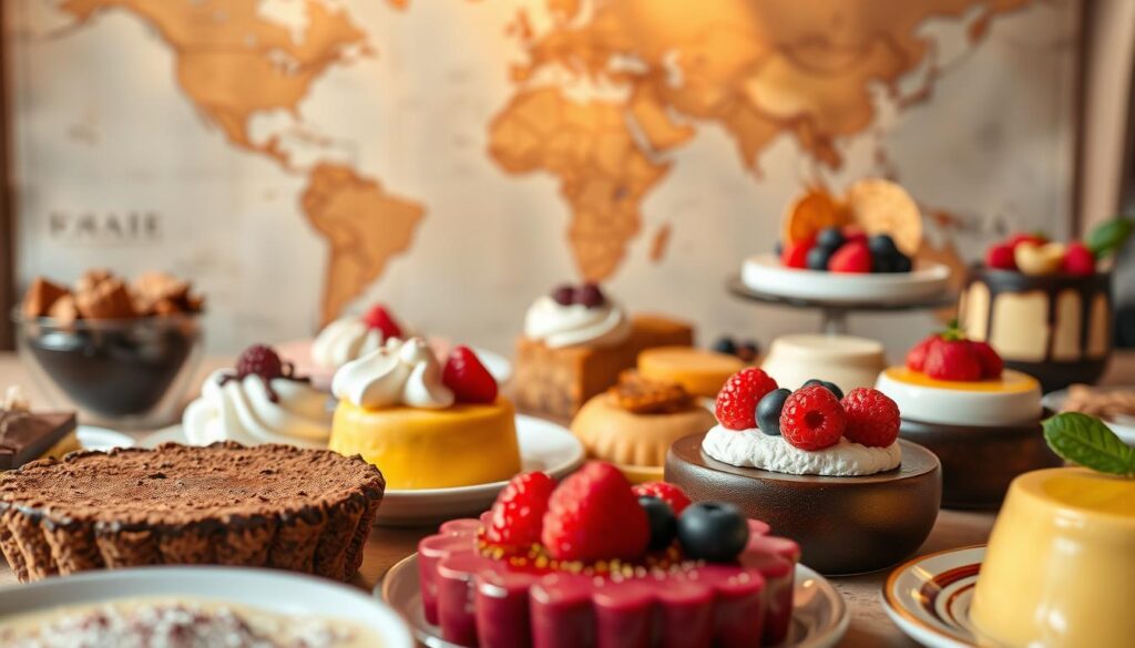 A lush, vibrant display of vegan desserts from around the world. In the foreground, an assortment of colorful, artfully plated sweets - from a decadent chocolate tart dusted with cocoa powder to a creamy, coconut-based panna cotta topped with fresh berries. In the middle ground, a variety of international desserts, such as a fragrant Thai mango sticky rice, a traditional Japanese mochi, and a rich South American flan. The background features a dreamy, blurred world map, hinting at the global origins of these delectable vegan creations. Warm, golden lighting casts a cozy, inviting glow, while a shallow depth of field draws the eye to the delectable focal point. The overall mood is one of culinary wonder and global exploration. A lush, vibrant display of vegan desserts from around the world. In the foreground, an assortment of colorful, artfully plated sweets - from a decadent chocolate tart dusted with cocoa powder to a creamy, coconut-based panna cotta topped with fresh berries. In the middle ground, a variety of international desserts, such as a fragrant Thai mango sticky rice, a traditional Japanese mochi, and a rich South American flan. The background features a dreamy, blurred world map, hinting at the global origins of these delectable vegan creations. Warm, golden lighting casts a cozy, inviting glow, while a shallow depth of field draws the eye to the delectable focal point. The overall mood is one of culinary wonder and global exploration.