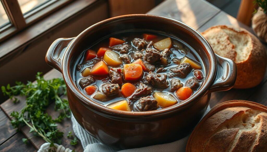 A mouth-watering beef stew simmering in a large ceramic pot, the rich, savory broth filled with tender chunks of beef, carrots, potatoes, and onions. The pot is placed on a rustic wooden table, surrounded by fresh herbs and a crusty loaf of bread, bathed in warm, natural lighting from a nearby window. The scene exudes a cozy, inviting atmosphere, perfectly capturing the essence of comfort food and the joy of a hearty, homemade meal. A mouth-watering beef stew simmering in a large ceramic pot, the rich, savory broth filled with tender chunks of beef, carrots, potatoes, and onions. The pot is placed on a rustic wooden table, surrounded by fresh herbs and a crusty loaf of bread, bathed in warm, natural lighting from a nearby window. The scene exudes a cozy, inviting atmosphere, perfectly capturing the essence of comfort food and the joy of a hearty, homemade meal.