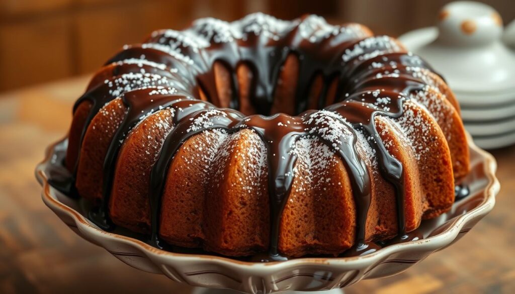 A mouth-watering homemade chocolate bundt cake, freshly baked and still steaming, sits on a vintage ceramic cake stand. The rich, dark chocolate glaze drips seductively down the sides, revealing the moist, fudgy interior. The cake is adorned with a dusting of powdered sugar, adding a delicate touch of sweetness. Captured in warm, soft lighting with a shallow depth of field, the image evokes the comforting tradition of European baking that inspired the iconic bundt cake design. The elegant, fluted pan shape and the cake's golden-brown crust hint at the historical roots of this beloved dessert. A mouth-watering homemade chocolate bundt cake, freshly baked and still steaming, sits on a vintage ceramic cake stand. The rich, dark chocolate glaze drips seductively down the sides, revealing the moist, fudgy interior. The cake is adorned with a dusting of powdered sugar, adding a delicate touch of sweetness. Captured in warm, soft lighting with a shallow depth of field, the image evokes the comforting tradition of European baking that inspired the iconic bundt cake design. The elegant, fluted pan shape and the cake's golden-brown crust hint at the historical roots of this beloved dessert.