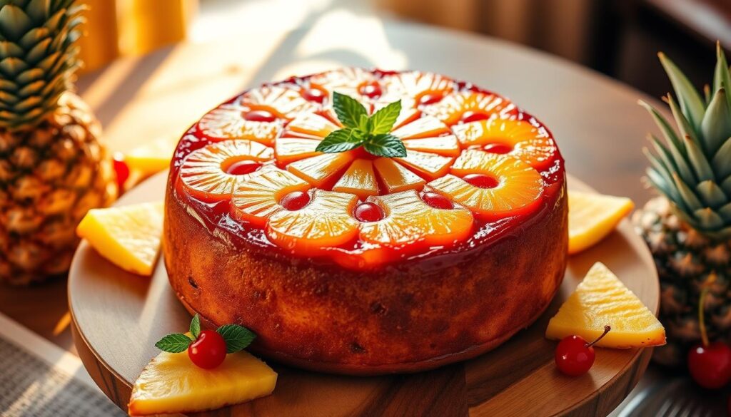 A mouth-watering pineapple upside down cake, freshly baked and glistening with caramelized pineapple slices arranged in a gorgeous, symmetrical pattern. The cake sits on a wooden cake stand, surrounded by fresh pineapple wedges, maraschino cherries, and a sprig of mint, creating a visually stunning and appetizing display. The scene is bathed in warm, golden lighting, casting a cozy, inviting atmosphere. The camera angle is slightly elevated, allowing the viewer to fully appreciate the intricate details and textures of the dessert. The overall mood is one of classic, timeless elegance, perfectly capturing the essence of a "Classic Pineapple Upside Down Cake Recipe". A mouth-watering pineapple upside down cake, freshly baked and glistening with caramelized pineapple slices arranged in a gorgeous, symmetrical pattern. The cake sits on a wooden cake stand, surrounded by fresh pineapple wedges, maraschino cherries, and a sprig of mint, creating a visually stunning and appetizing display. The scene is bathed in warm, golden lighting, casting a cozy, inviting atmosphere. The camera angle is slightly elevated, allowing the viewer to fully appreciate the intricate details and textures of the dessert. The overall mood is one of classic, timeless elegance, perfectly capturing the essence of a "Classic Pineapple Upside Down Cake Recipe".