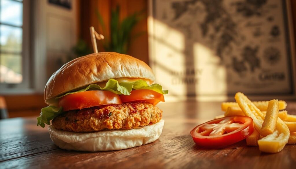 A mouthwatering Maryland crab cake sandwich sits atop a wooden table, the golden-brown patty nestled between two soft, pillowy brioche buns. Slices of juicy tomato and crisp lettuce peek out, complementing the rich, succulent crab meat. Warm sunlight filters through a nearby window, casting a cozy glow on the scene. In the background, a vintage map of the Chesapeake Bay region adds a touch of historical charm, hinting at the deep-rooted tradition of this iconic regional dish. The composition is captured with a wide-angle lens, emphasizing the artful presentation and inviting the viewer to imagine taking a satisfying bite. A mouthwatering Maryland crab cake sandwich sits atop a wooden table, the golden-brown patty nestled between two soft, pillowy brioche buns. Slices of juicy tomato and crisp lettuce peek out, complementing the rich, succulent crab meat. Warm sunlight filters through a nearby window, casting a cozy glow on the scene. In the background, a vintage map of the Chesapeake Bay region adds a touch of historical charm, hinting at the deep-rooted tradition of this iconic regional dish. The composition is captured with a wide-angle lens, emphasizing the artful presentation and inviting the viewer to imagine taking a satisfying bite.