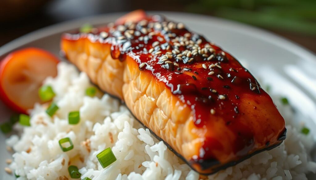 A mouthwatering close-up shot of a perfectly seared miso-glazed salmon fillet, glistening with a caramelized glaze. The fish rests atop a bed of steaming white rice, dotted with vibrant green scallions and toasted sesame seeds. Soft, diffused lighting highlights the succulent, flaky texture of the salmon, while a shallow depth of field emphasizes the dish's centerpiece. The image conveys a sense of balance, with the savory umami notes of the miso complementing the rich, buttery salmon. The overall mood is one of culinary elegance and refined simplicity, inviting the viewer to savor the flavors of this exquisite miso salmon recipe. A mouthwatering close-up shot of a perfectly seared miso-glazed salmon fillet, glistening with a caramelized glaze. The fish rests atop a bed of steaming white rice, dotted with vibrant green scallions and toasted sesame seeds. Soft, diffused lighting highlights the succulent, flaky texture of the salmon, while a shallow depth of field emphasizes the dish's centerpiece. The image conveys a sense of balance, with the savory umami notes of the miso complementing the rich, buttery salmon. The overall mood is one of culinary elegance and refined simplicity, inviting the viewer to savor the flavors of this exquisite miso salmon recipe.
