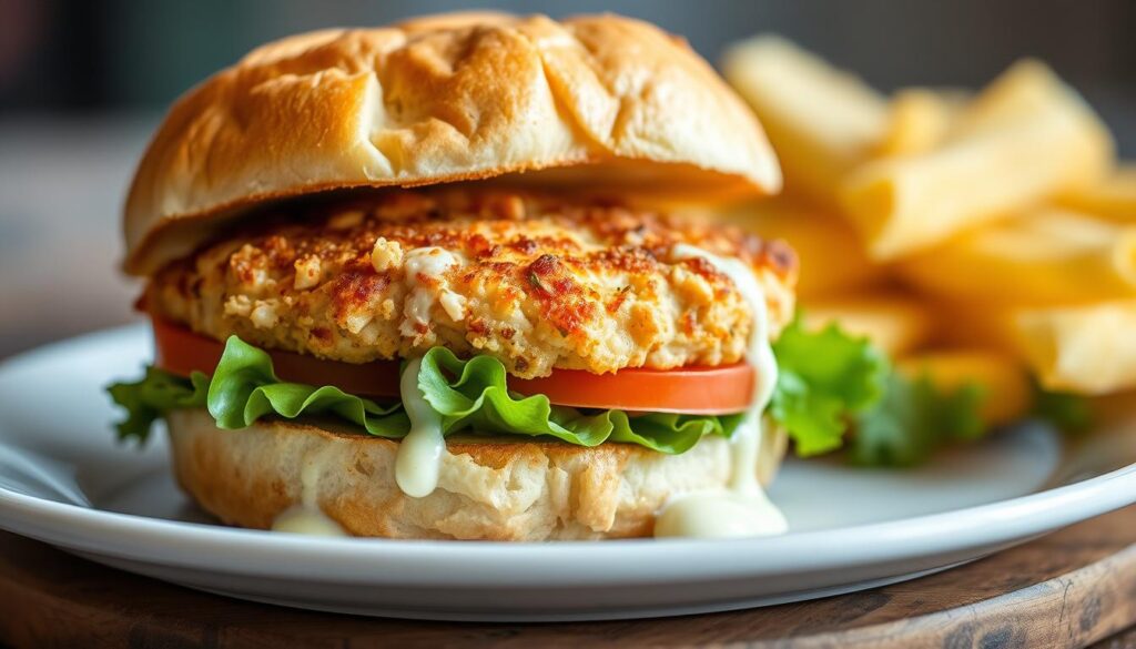 A mouthwatering homemade crab cake sandwich on a toasted brioche bun, the golden-brown crab cake nestled atop fresh lettuce and juicy tomato slices. The bun glistens with a light brushing of melted butter, its edges crisped to perfection. The crab cake is made with succulent lump crab meat, bound together with just the right amount of breadcrumbs, herbs, and a touch of mayonnaise. A creamy lemon-dill aioli drizzles down the sides, complementing the sweet and savory flavors. The scene is captured in soft, natural lighting, with a slight depth of field blur that emphasizes the sandwich's inviting texture and composition. The background is blurred, keeping the focus on the delectable homemade crab cake sandwich. A mouthwatering homemade crab cake sandwich on a toasted brioche bun, the golden-brown crab cake nestled atop fresh lettuce and juicy tomato slices. The bun glistens with a light brushing of melted butter, its edges crisped to perfection. The crab cake is made with succulent lump crab meat, bound together with just the right amount of breadcrumbs, herbs, and a touch of mayonnaise. A creamy lemon-dill aioli drizzles down the sides, complementing the sweet and savory flavors. The scene is captured in soft, natural lighting, with a slight depth of field blur that emphasizes the sandwich's inviting texture and composition. The background is blurred, keeping the focus on the delectable homemade crab cake sandwich.