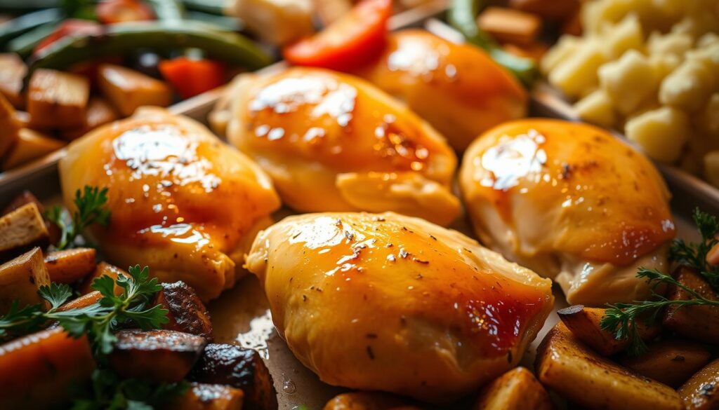 A neatly arranged display of freshly baked chicken breasts, their golden-brown exteriors glistening under soft, warm lighting. The breasts are surrounded by an assortment of tempting side dishes, such as roasted vegetables and fluffy mashed potatoes, creating a visually appealing and mouthwatering scene. The overall composition suggests a comforting, homemade meal, inviting the viewer to imagine the delicious flavors and textures. The image is captured at a slightly elevated angle, allowing the viewer to fully appreciate the carefully prepared, succulent chicken breasts as the focal point. A neatly arranged display of freshly baked chicken breasts, their golden-brown exteriors glistening under soft, warm lighting. The breasts are surrounded by an assortment of tempting side dishes, such as roasted vegetables and fluffy mashed potatoes, creating a visually appealing and mouthwatering scene. The overall composition suggests a comforting, homemade meal, inviting the viewer to imagine the delicious flavors and textures. The image is captured at a slightly elevated angle, allowing the viewer to fully appreciate the carefully prepared, succulent chicken breasts as the focal point.