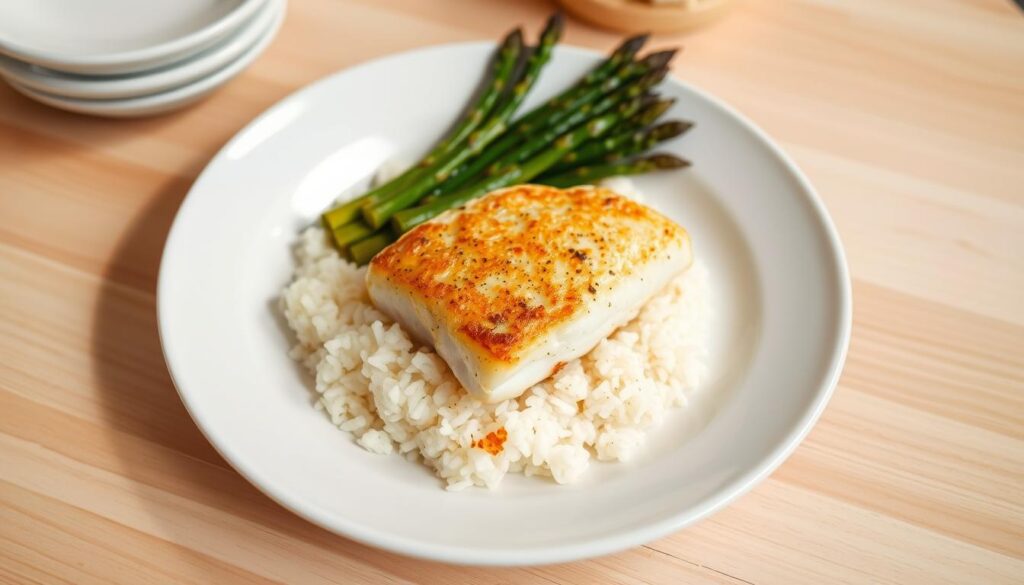A neatly arranged plate showcasing a beautifully baked cod fillet, its golden-brown crust glistening under natural lighting. The fish rests atop a bed of fluffy white rice, complemented by a side of roasted asparagus spears. The scene is captured from a slightly elevated angle, emphasizing the dish's presentation and inviting the viewer to savor its delectable aroma. The background features a minimalist, light-colored wooden table, creating a simple yet elegant setting that allows the star of the dish, the perfectly cooked cod, to shine. A neatly arranged plate showcasing a beautifully baked cod fillet, its golden-brown crust glistening under natural lighting. The fish rests atop a bed of fluffy white rice, complemented by a side of roasted asparagus spears. The scene is captured from a slightly elevated angle, emphasizing the dish's presentation and inviting the viewer to savor its delectable aroma. The background features a minimalist, light-colored wooden table, creating a simple yet elegant setting that allows the star of the dish, the perfectly cooked cod, to shine.