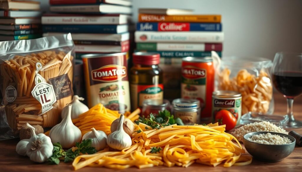 A neatly arranged still life of assorted pantry staples for one-pot pasta, bathed in warm, soft lighting. In the foreground, a selection of dried pasta shapes, garlic, onions, canned tomatoes, and olive oil. In the middle ground, herbs, spices, and grated cheese. In the background, a stack of cookbooks and a glass of red wine. The scene exudes a cozy, homey atmosphere, inviting the viewer to envision a comforting, spontaneous one-pot pasta meal. A neatly arranged still life of assorted pantry staples for one-pot pasta, bathed in warm, soft lighting. In the foreground, a selection of dried pasta shapes, garlic, onions, canned tomatoes, and olive oil. In the middle ground, herbs, spices, and grated cheese. In the background, a stack of cookbooks and a glass of red wine. The scene exudes a cozy, homey atmosphere, inviting the viewer to envision a comforting, spontaneous one-pot pasta meal.