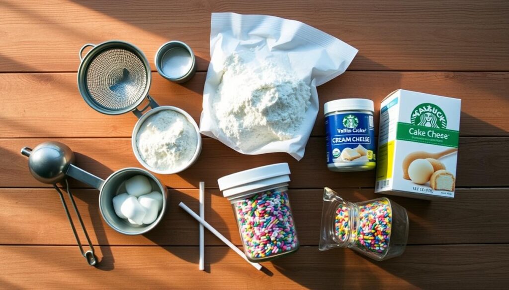 A neatly arranged still life of the essential ingredients for making Starbucks-style cake pops. On a rustic wooden surface, lay out a variety of baking tools and components - a sifter, a mixing bowl, a bag of powdered sugar, a tub of cream cheese, a box of vanilla cake mix, and a jar of rainbow sprinkles. The lighting is soft and natural, casting warm shadows that accentuate the textures of the ingredients. The camera captures the scene from a slightly elevated angle, giving a sense of depth and showcasing the arrangement in an inviting, appetizing manner. A neatly arranged still life of the essential ingredients for making Starbucks-style cake pops. On a rustic wooden surface, lay out a variety of baking tools and components - a sifter, a mixing bowl, a bag of powdered sugar, a tub of cream cheese, a box of vanilla cake mix, and a jar of rainbow sprinkles. The lighting is soft and natural, casting warm shadows that accentuate the textures of the ingredients. The camera captures the scene from a slightly elevated angle, giving a sense of depth and showcasing the arrangement in an inviting, appetizing manner.