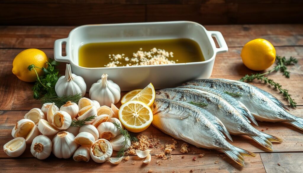 A neatly arranged still life showcasing the essential ingredients for a delectable baked dolphin fish dish. In the foreground, fresh dolphin fish fillets sit alongside a generous pile of aromatic garlic cloves, sliced lemon wedges, and a sprinkling of fragrant herbs and spices. In the middle ground, a large baking dish filled with olive oil and a scattering of breadcrumbs sets the stage. The background features a rustic wooden table with a worn, textured surface, illuminated by soft, natural lighting that casts a warm, inviting glow over the scene. The overall composition evokes a sense of culinary craftsmanship and the promise of a flavorful, homemade meal. A neatly arranged still life showcasing the essential ingredients for a delectable baked dolphin fish dish. In the foreground, fresh dolphin fish fillets sit alongside a generous pile of aromatic garlic cloves, sliced lemon wedges, and a sprinkling of fragrant herbs and spices. In the middle ground, a large baking dish filled with olive oil and a scattering of breadcrumbs sets the stage. The background features a rustic wooden table with a worn, textured surface, illuminated by soft, natural lighting that casts a warm, inviting glow over the scene. The overall composition evokes a sense of culinary craftsmanship and the promise of a flavorful, homemade meal.