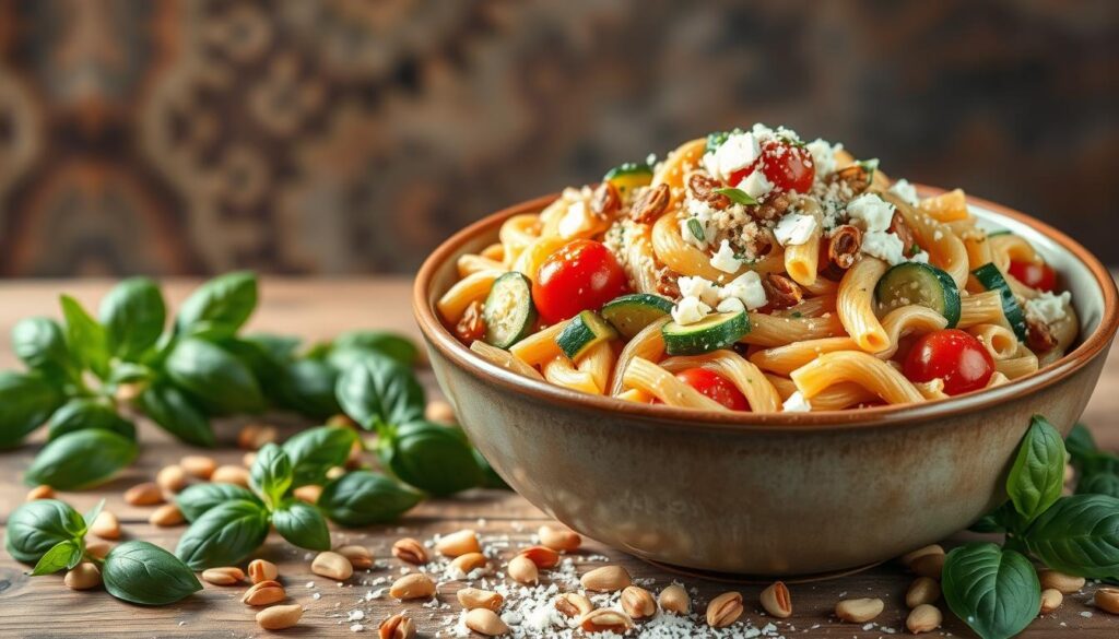 A nourishing one-pot pasta dish set against a warm, rustic backdrop. In the foreground, a large ceramic bowl overflows with a vibrant tangle of whole-wheat penne, sautéed zucchini, cherry tomatoes, and crumbled feta, drizzled with a creamy, herbed sauce. Surrounding the bowl, a scattering of fresh basil leaves, toasted pine nuts, and a sprinkle of grated Parmesan create a visually appealing composition. The scene is illuminated by soft, natural lighting, casting a cozy, inviting atmosphere. The overall impression is one of wholesome, satisfying vegetarian cuisine that can be easily prepared in a single pot. A nourishing one-pot pasta dish set against a warm, rustic backdrop. In the foreground, a large ceramic bowl overflows with a vibrant tangle of whole-wheat penne, sautéed zucchini, cherry tomatoes, and crumbled feta, drizzled with a creamy, herbed sauce. Surrounding the bowl, a scattering of fresh basil leaves, toasted pine nuts, and a sprinkle of grated Parmesan create a visually appealing composition. The scene is illuminated by soft, natural lighting, casting a cozy, inviting atmosphere. The overall impression is one of wholesome, satisfying vegetarian cuisine that can be easily prepared in a single pot.