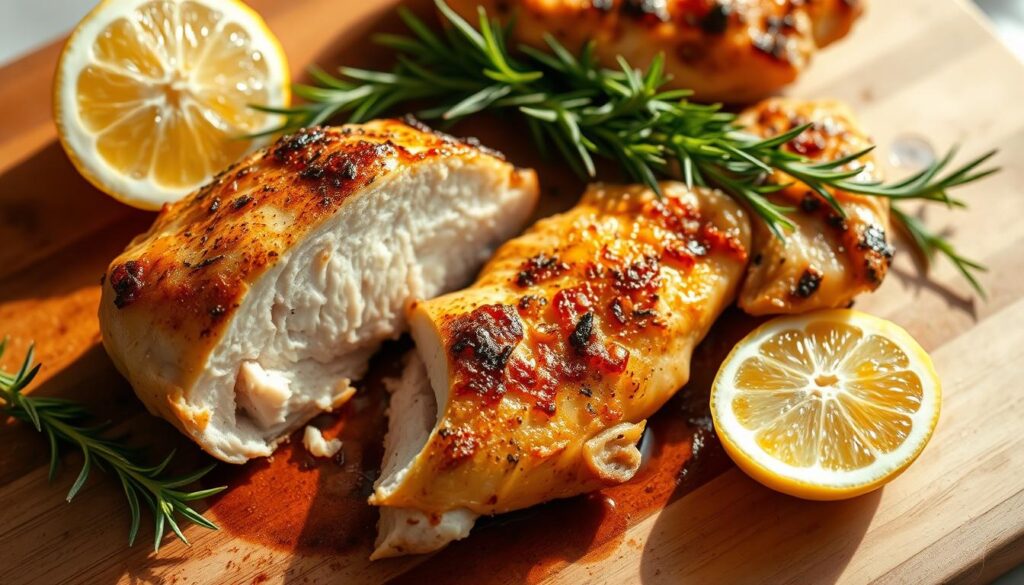 A perfectly seared chicken breast with a golden-brown crust, resting on a wooden cutting board. The juicy meat is sliced open, revealing its tender, moist interior. Lemon wedges and fresh sprigs of rosemary are artfully arranged around the chicken, adding a touch of brightness and herbal aroma. The scene is illuminated by soft, natural lighting, casting warm shadows that emphasize the texture and detail of the ingredients. The overall composition suggests a simple, yet elegant dish, ready to be savored. A perfectly seared chicken breast with a golden-brown crust, resting on a wooden cutting board. The juicy meat is sliced open, revealing its tender, moist interior. Lemon wedges and fresh sprigs of rosemary are artfully arranged around the chicken, adding a touch of brightness and herbal aroma. The scene is illuminated by soft, natural lighting, casting warm shadows that emphasize the texture and detail of the ingredients. The overall composition suggests a simple, yet elegant dish, ready to be savored.