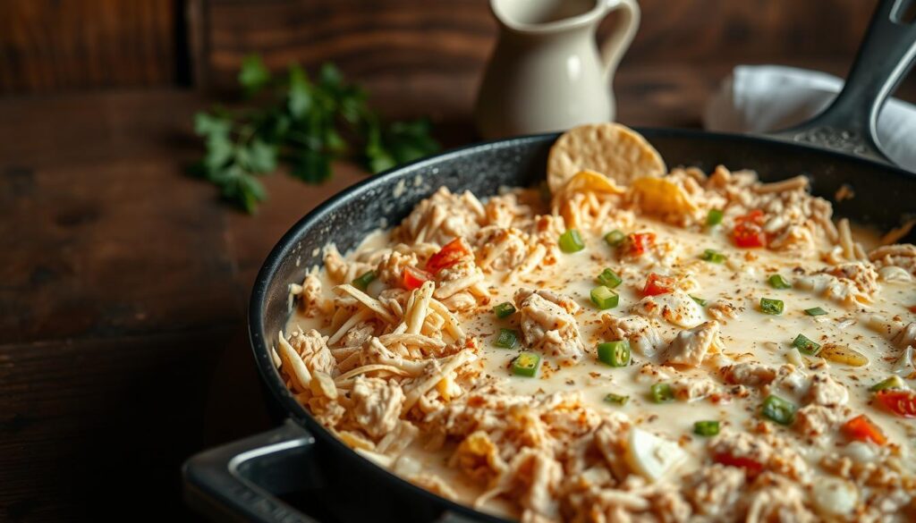 A richly detailed white chicken enchilada skillet set against a warm, rustic backdrop. In the foreground, the skillet overflows with tender shredded chicken, melted white cheese, and aromatic spices. Diced onions, peppers, and garlic add depth and complexity. Crisp tortilla strips lend texture and crunch. Indirect side lighting casts a gentle glow, highlighting the dish's creamy, inviting appearance. The background features a worn wooden table, with a simple ceramic pitcher and fresh herbs adding natural accents. An overall sense of homey comfort and culinary delight pervades the scene. A richly detailed white chicken enchilada skillet set against a warm, rustic backdrop. In the foreground, the skillet overflows with tender shredded chicken, melted white cheese, and aromatic spices. Diced onions, peppers, and garlic add depth and complexity. Crisp tortilla strips lend texture and crunch. Indirect side lighting casts a gentle glow, highlighting the dish's creamy, inviting appearance. The background features a worn wooden table, with a simple ceramic pitcher and fresh herbs adding natural accents. An overall sense of homey comfort and culinary delight pervades the scene.