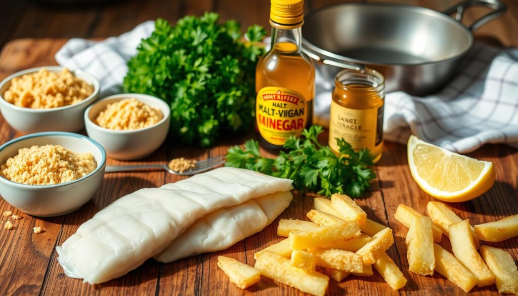 A rustic wooden table, bathed in warm, natural lighting, showcases the essential ingredients for authentic British fish and chips. In the foreground, fresh cod fillets and sliced potatoes stand ready for batter and frying. Alongside, a bowl of golden breadcrumbs and a jar of malt vinegar provide the perfect seasoning. In the middle ground, a bundle of fresh parsley and a lemon wedge add vibrant pops of color, while in the background, a crisp, white-checkered kitchen towel and a vintage-style metal frying pan create a sense of old-world charm. The overall scene evokes the comforting, homemade quality of this classic dish. A rustic wooden table, bathed in warm, natural lighting, showcases the essential ingredients for authentic British fish and chips. In the foreground, fresh cod fillets and sliced potatoes stand ready for batter and frying. Alongside, a bowl of golden breadcrumbs and a jar of malt vinegar provide the perfect seasoning. In the middle ground, a bundle of fresh parsley and a lemon wedge add vibrant pops of color, while in the background, a crisp, white-checkered kitchen towel and a vintage-style metal frying pan create a sense of old-world charm. The overall scene evokes the comforting, homemade quality of this classic dish.