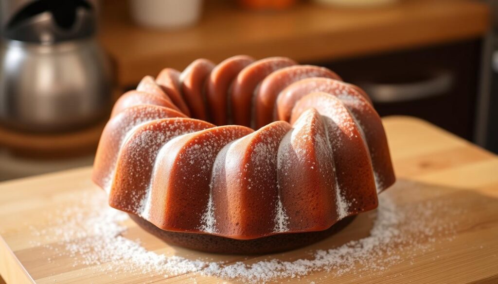 A simple, elegant chocolate bundt cake sits atop a wooden kitchen counter, bathed in soft, warm lighting. The cake's golden-brown, glossy exterior is dusted with a light layer of powdered sugar, creating a visually appealing contrast. The cake's circular shape and intricate ridges are highlighted, showcasing the craftsmanship of its preparation. The background is blurred, keeping the focus on the cake and creating a cozy, inviting atmosphere. The overall scene evokes a sense of homemade comfort and culinary delight, perfectly suited to illustrate the "Kitchen Equipment You'll Need" section of the "Delicious Chocolate Bundt Cake Recipe You'll Love" article. A simple, elegant chocolate bundt cake sits atop a wooden kitchen counter, bathed in soft, warm lighting. The cake's golden-brown, glossy exterior is dusted with a light layer of powdered sugar, creating a visually appealing contrast. The cake's circular shape and intricate ridges are highlighted, showcasing the craftsmanship of its preparation. The background is blurred, keeping the focus on the cake and creating a cozy, inviting atmosphere. The overall scene evokes a sense of homemade comfort and culinary delight, perfectly suited to illustrate the "Kitchen Equipment You'll Need" section of the "Delicious Chocolate Bundt Cake Recipe You'll Love" article.