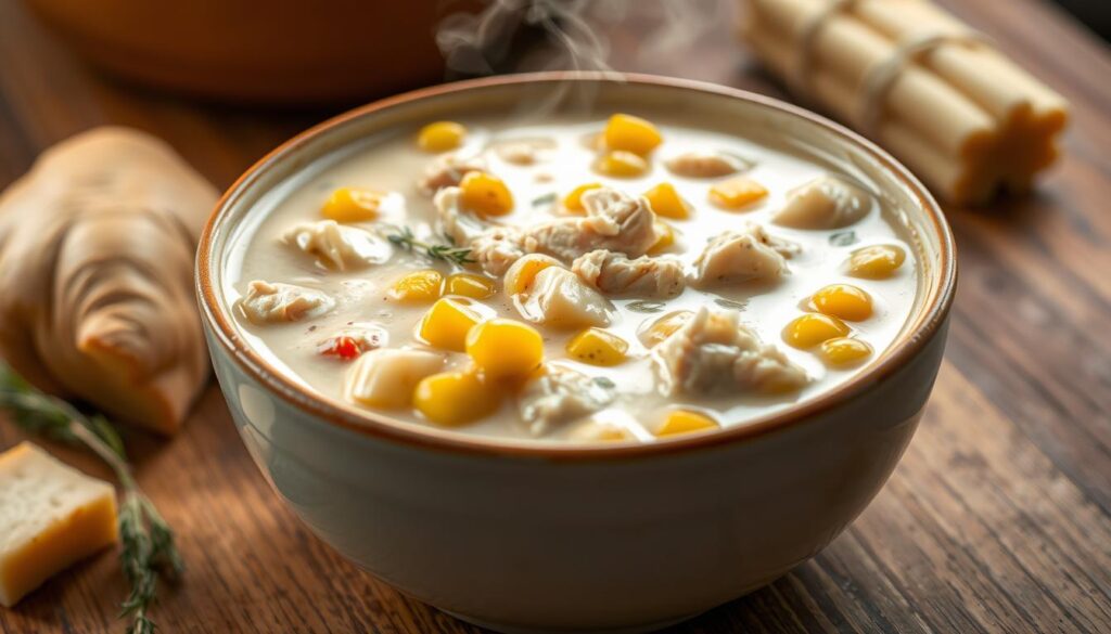 A steaming bowl of creamy chicken corn chowder, the rich broth teeming with tender chunks of white meat chicken, sweet kernels of corn, and velvety potatoes. Wisps of aromatic herbs and spices float above the surface, inviting the senses. Soft ambient lighting casts a warm glow, highlighting the thick, luxurious texture of the chowder. The bowl is positioned on a rustic wooden table, surrounded by a simple, cozy setting that evokes a sense of comfort and homemade goodness. The composition is framed to showcase the hearty, appetizing nature of this nourishing dish, enticing the viewer to indulge in its creamy, flavor-packed depths. A steaming bowl of creamy chicken corn chowder, the rich broth teeming with tender chunks of white meat chicken, sweet kernels of corn, and velvety potatoes. Wisps of aromatic herbs and spices float above the surface, inviting the senses. Soft ambient lighting casts a warm glow, highlighting the thick, luxurious texture of the chowder. The bowl is positioned on a rustic wooden table, surrounded by a simple, cozy setting that evokes a sense of comfort and homemade goodness. The composition is framed to showcase the hearty, appetizing nature of this nourishing dish, enticing the viewer to indulge in its creamy, flavor-packed depths.