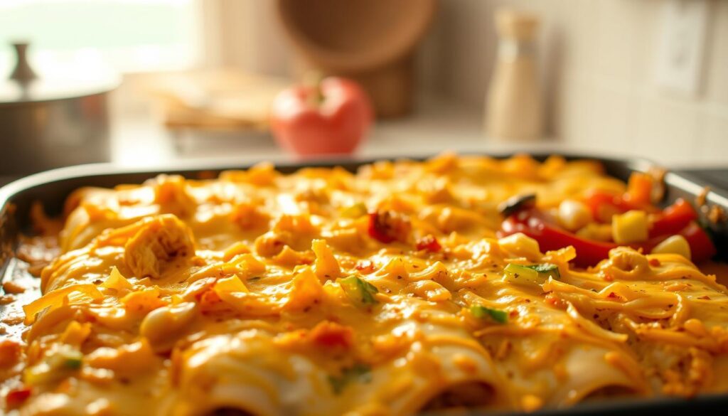 A sumptuous white chicken enchilada bake, freshly pulled from the oven, its golden-brown cheese topping glistening under soft, diffused light. In the foreground, enchiladas filled with tender, shredded chicken and a creamy white sauce, nestled in a deep baking dish. The middle ground reveals a vibrant array of roasted vegetables - vibrant bell peppers, onions, and garlic - complementing the dish. The background is hazy, with a warm, cozy kitchen ambiance, suggesting the rich history and cultural origins of this beloved Mexican-American comfort food. The scene evokes a sense of homey, mouthwatering anticipation. A sumptuous white chicken enchilada bake, freshly pulled from the oven, its golden-brown cheese topping glistening under soft, diffused light. In the foreground, enchiladas filled with tender, shredded chicken and a creamy white sauce, nestled in a deep baking dish. The middle ground reveals a vibrant array of roasted vegetables - vibrant bell peppers, onions, and garlic - complementing the dish. The background is hazy, with a warm, cozy kitchen ambiance, suggesting the rich history and cultural origins of this beloved Mexican-American comfort food. The scene evokes a sense of homey, mouthwatering anticipation.