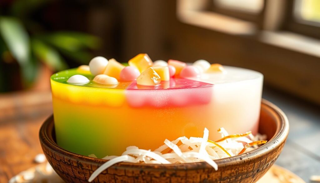 A vibrant Vietnamese three-color dessert, known as "Chè Ba Màu," presented in a rustic ceramic bowl. The foreground features layers of vividly-colored jellies, each with a distinct flavor and texture - green pandan-infused, pink rose, and creamy white coconut. Suspended in the translucent layers are chewy tapioca pearls and small cubes of sweetened mung bean. The middle ground showcases a scattering of freshly shredded young coconut flesh, adding a contrasting crunch. The background is softly blurred, conveying a sense of tranquility, with a warm, natural lighting that casts gentle shadows and highlights the dessert's alluring colors and textures. The overall scene evokes a feeling of refreshing indulgence, perfectly capturing the essence of the "Chè Ba Màu" dessert. A vibrant Vietnamese three-color dessert, known as "Chè Ba Màu," presented in a rustic ceramic bowl. The foreground features layers of vividly-colored jellies, each with a distinct flavor and texture - green pandan-infused, pink rose, and creamy white coconut. Suspended in the translucent layers are chewy tapioca pearls and small cubes of sweetened mung bean. The middle ground showcases a scattering of freshly shredded young coconut flesh, adding a contrasting crunch. The background is softly blurred, conveying a sense of tranquility, with a warm, natural lighting that casts gentle shadows and highlights the dessert's alluring colors and textures. The overall scene evokes a feeling of refreshing indulgence, perfectly capturing the essence of the "Chè Ba Màu" dessert.