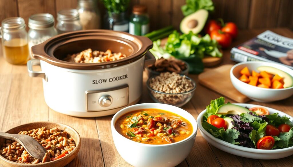 A vibrant and appetizing array of plant-based slow cooker dishes sits on a wooden table, bathed in warm, natural lighting. In the foreground, a creamy lentil and vegetable stew bubbles away in a large ceramic crockpot, its rich aroma filling the air. Surrounding it are bowls of fragrant quinoa, roasted sweet potatoes, and a colorful salad of leafy greens, cherry tomatoes, and avocado slices. In the background, jars of herbs and spices, a cutting board with fresh produce, and a slow cooker cookbook add to the cozy, homemade ambiance. The overall scene exudes a sense of nourishment, simplicity, and the delicious potential of plant-based slow cooker meals. A vibrant and appetizing array of plant-based slow cooker dishes sits on a wooden table, bathed in warm, natural lighting. In the foreground, a creamy lentil and vegetable stew bubbles away in a large ceramic crockpot, its rich aroma filling the air. Surrounding it are bowls of fragrant quinoa, roasted sweet potatoes, and a colorful salad of leafy greens, cherry tomatoes, and avocado slices. In the background, jars of herbs and spices, a cutting board with fresh produce, and a slow cooker cookbook add to the cozy, homemade ambiance. The overall scene exudes a sense of nourishment, simplicity, and the delicious potential of plant-based slow cooker meals.