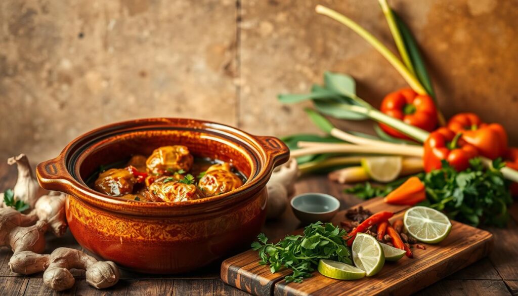 A vibrant, globally-inspired crockpot chicken dish, captured in a warm, rustic still life. In the foreground, a hearty, simmering chicken stew simmers in an earthenware crockpot, infused with spices and aromatic herbs. Surrounding it, an array of international ingredients - fragrant ginger, vibrant bell peppers, and fragrant lemongrass. In the middle ground, a wooden serving board showcases assorted fresh garnishes, from cilantro to lime wedges, ready to be added. The background features a textured, earthy backdrop, like a weathered brick wall or natural wood paneling, creating a cozy, homey atmosphere. Soft, diffused lighting casts a golden glow, highlighting the rich, comforting tones of the dish. The overall impression is one of global culinary exploration, blending familiar flavors with international flair.