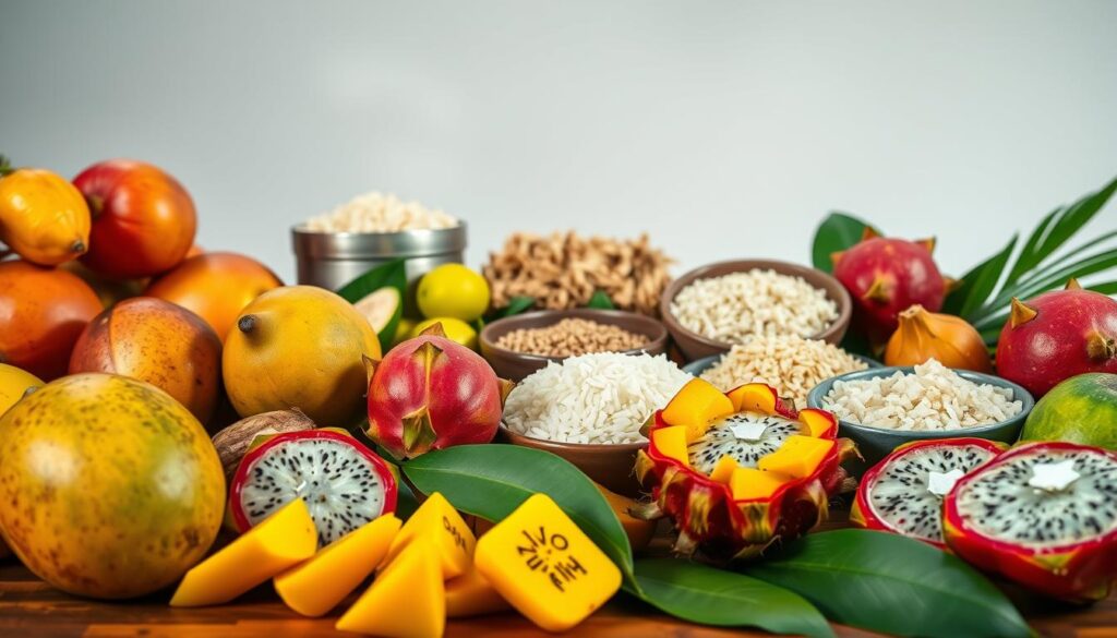 A vibrant still life of Vietnamese dessert ingredients, illuminated by soft, natural lighting and captured with a wide-angle lens. In the foreground, a variety of tropical fruits, such as ripe mangoes, star fruit, and dragonfruit, are neatly arranged. In the middle ground, various ingredients used in traditional Vietnamese desserts, like sticky rice, palm sugar, and pandan leaves, are carefully displayed. The background features a simple, uncluttered setting, allowing the colorful, textural elements to take center stage. The overall composition evokes a sense of authenticity and culinary exploration, reflecting the rich heritage and diverse flavors of Vietnamese desserts. A vibrant still life of Vietnamese dessert ingredients, illuminated by soft, natural lighting and captured with a wide-angle lens. In the foreground, a variety of tropical fruits, such as ripe mangoes, star fruit, and dragonfruit, are neatly arranged. In the middle ground, various ingredients used in traditional Vietnamese desserts, like sticky rice, palm sugar, and pandan leaves, are carefully displayed. The background features a simple, uncluttered setting, allowing the colorful, textural elements to take center stage. The overall composition evokes a sense of authenticity and culinary exploration, reflecting the rich heritage and diverse flavors of Vietnamese desserts.