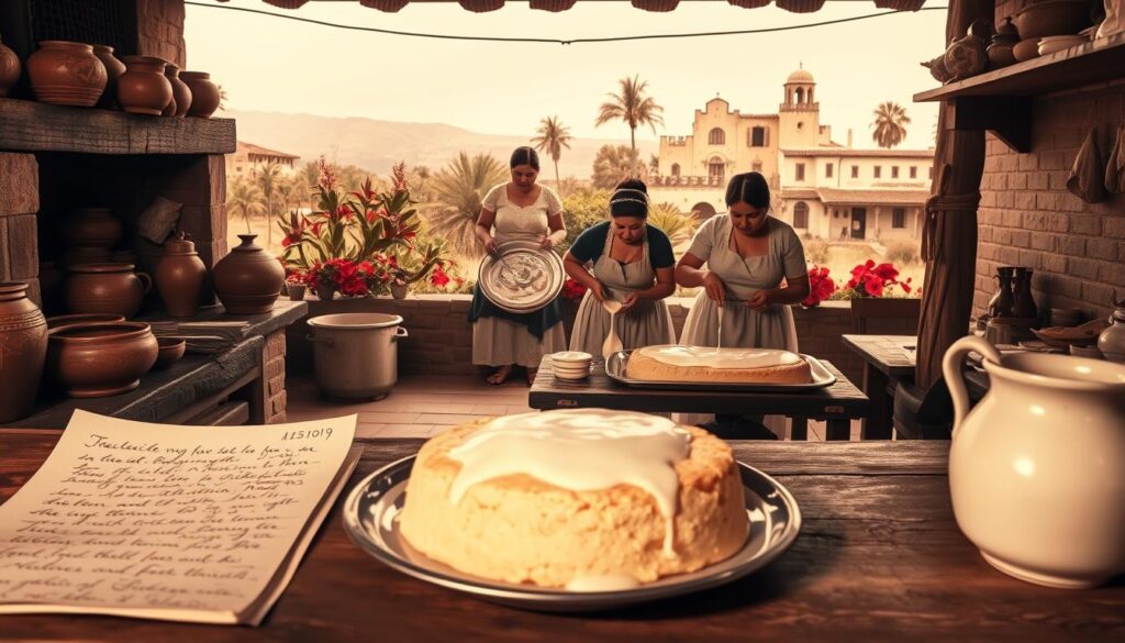 A vintage, sepia-toned scene depicting the origins and history of the beloved Tres Leches Cake. In the foreground, a traditional Mexican kitchen with a wood-fired oven, earthenware mixing bowls, and a handwritten recipe. In the middle ground, a group of women in traditional dress carefully preparing the cake, pouring the three milk mixture over a spongy base. In the background, a lush, tropical landscape with vibrant flora and a hacienda-style building, hinting at the cake's Latin American roots. Soft, diffused lighting casts a warm, nostalgic glow over the entire scene, evoking a sense of timeless tradition and culinary heritage. A vintage, sepia-toned scene depicting the origins and history of the beloved Tres Leches Cake. In the foreground, a traditional Mexican kitchen with a wood-fired oven, earthenware mixing bowls, and a handwritten recipe. In the middle ground, a group of women in traditional dress carefully preparing the cake, pouring the three milk mixture over a spongy base. In the background, a lush, tropical landscape with vibrant flora and a hacienda-style building, hinting at the cake's Latin American roots. Soft, diffused lighting casts a warm, nostalgic glow over the entire scene, evoking a sense of timeless tradition and culinary heritage.