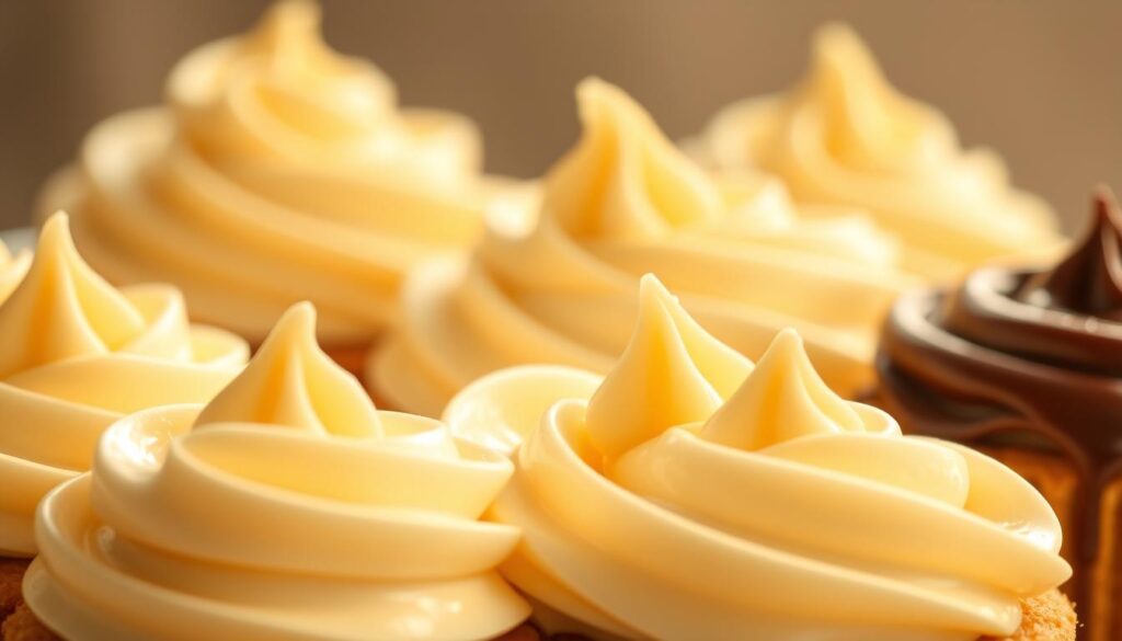 A visually appealing assortment of tempting banana cake frosting options, captured in a soft, dreamy lighting. In the foreground, delectable dollops of velvety cream cheese frosting, its tangy sweetness complementing the banana's richness. In the middle ground, luscious swirls of silky vanilla buttercream, its pillowy texture inviting the viewer to indulge. In the background, a hint of glistening chocolate ganache, its deep, decadent hue adding depth and complexity to the composition. The scene is bathed in a warm, golden glow, creating a cozy, inviting atmosphere that evokes the comforting flavors of a homemade banana cake. The camera angle is slightly elevated, allowing the viewer to fully appreciate the tantalizing array of frosting options.