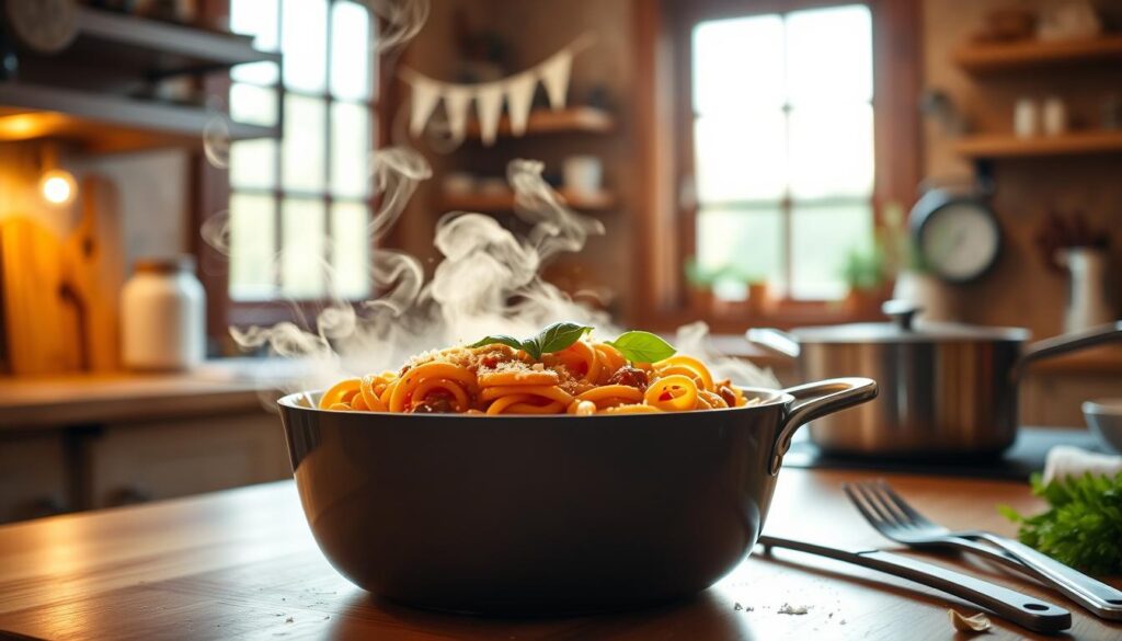 A visually appealing, steaming one-pot pasta dish, captured in a warm, inviting kitchen setting. The pasta swirls in a rich, tomato-based sauce, dotted with fresh basil leaves and grated Parmesan. The scene is illuminated by soft, natural lighting from a large window, casting a cozy glow across the wooden countertop and nearby cooking utensils. The overall composition emphasizes the ease and convenience of one-pot cooking, perfect for busy households seeking a quick, yet delicious, meal solution. A visually appealing, steaming one-pot pasta dish, captured in a warm, inviting kitchen setting. The pasta swirls in a rich, tomato-based sauce, dotted with fresh basil leaves and grated Parmesan. The scene is illuminated by soft, natural lighting from a large window, casting a cozy glow across the wooden countertop and nearby cooking utensils. The overall composition emphasizes the ease and convenience of one-pot cooking, perfect for busy households seeking a quick, yet delicious, meal solution.