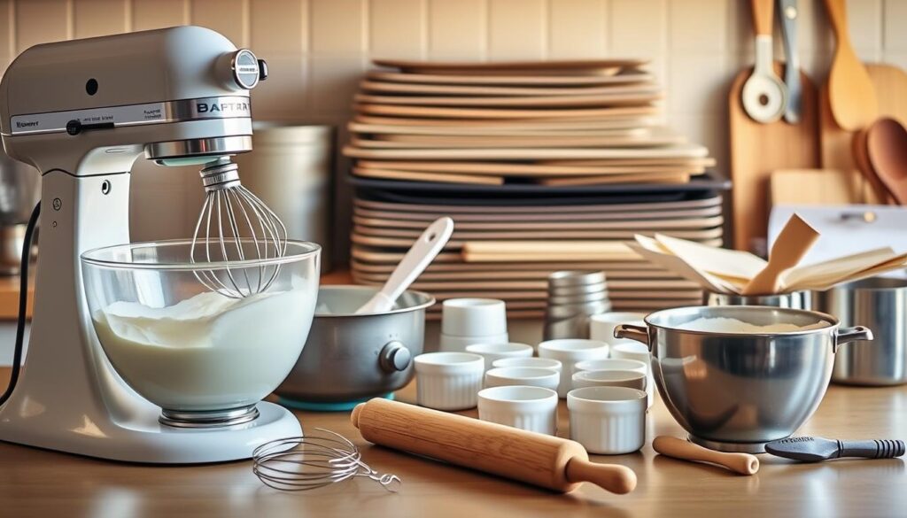 A well-lit and organized kitchen counter, with an assortment of baking tools and equipment for Rosemary's Bakery Whipped Cream Cake. In the foreground, a stand mixer with a whisk attachment, a large mixing bowl, and a set of measuring cups and spoons. In the middle ground, a rolling pin, a pastry brush, and a few small ramekins. In the background, a neatly arranged collection of baking sheets, a sifter, and a set of sturdy spatulas. The scene is bathed in warm, natural lighting, creating a cozy and inviting atmosphere, perfectly capturing the tools and equipment needed to bake the perfect Rosemary's Bakery Whipped Cream Cake. A well-lit and organized kitchen counter, with an assortment of baking tools and equipment for Rosemary's Bakery Whipped Cream Cake. In the foreground, a stand mixer with a whisk attachment, a large mixing bowl, and a set of measuring cups and spoons. In the middle ground, a rolling pin, a pastry brush, and a few small ramekins. In the background, a neatly arranged collection of baking sheets, a sifter, and a set of sturdy spatulas. The scene is bathed in warm, natural lighting, creating a cozy and inviting atmosphere, perfectly capturing the tools and equipment needed to bake the perfect Rosemary's Bakery Whipped Cream Cake.