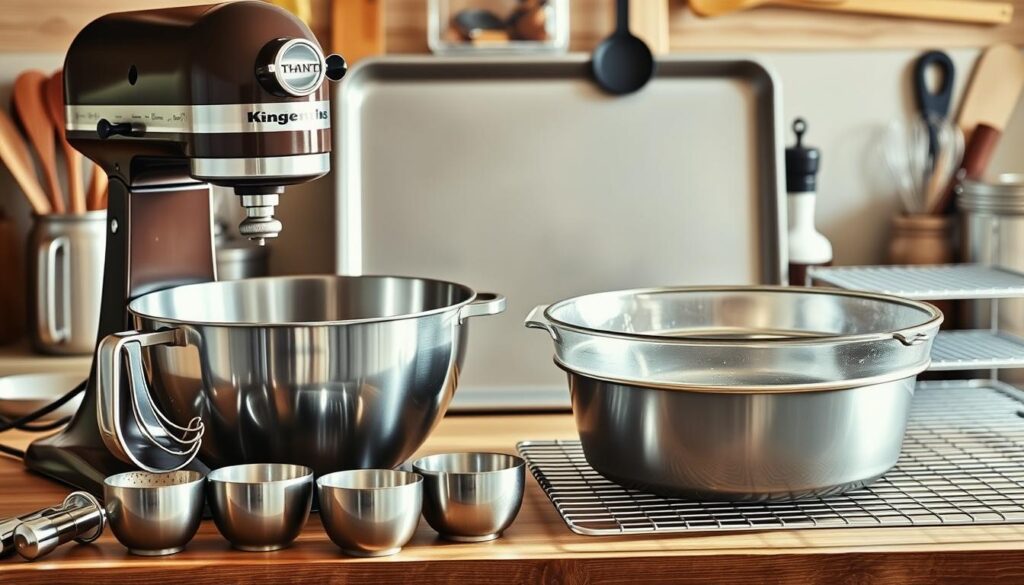A well-lit, high-resolution image of an assortment of German chocolate cake baking equipment neatly arranged on a wooden kitchen counter. In the foreground, a stand mixer, a set of measuring cups and spoons, and a large mixing bowl. In the middle ground, a baking sheet, a springform pan, and a wire cooling rack. In the background, various utensils like a whisk, a rubber spatula, and a cake tester. The lighting is warm and natural, casting soft shadows and highlights on the stainless steel and glass surfaces. The overall mood is one of organization, preparedness, and the promise of a delicious homemade German chocolate cake.