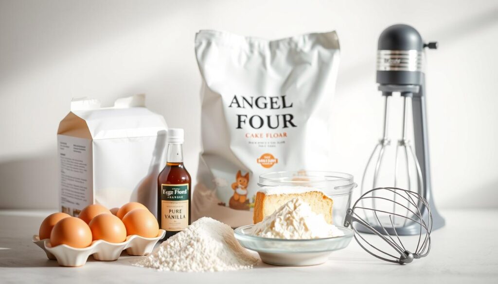 A well-lit, high-resolution photograph of a neatly arranged selection of essential angel food cake ingredients, including a carton of fresh eggs, a bag of cake flour, a container of granulated sugar, a bottle of pure vanilla extract, and a hand mixer, all set against a clean, light-colored background with soft shadows and a subtle vignette effect, creating a warm, inviting, and visually appealing presentation.