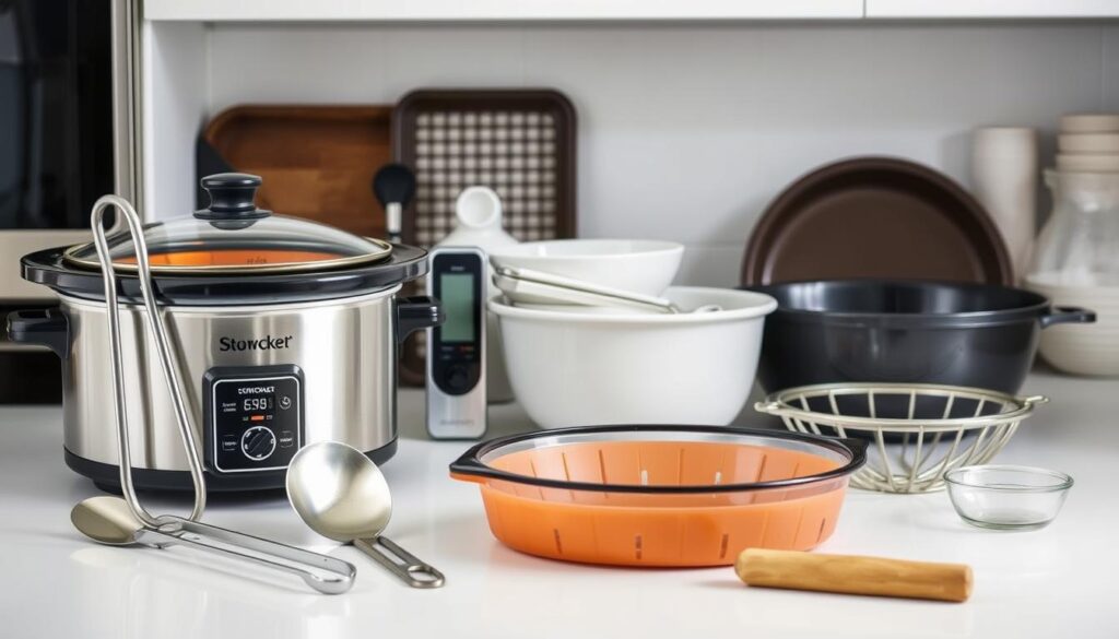 A well-lit, high-resolution photograph of an assortment of essential slow cooker equipment, prominently displayed on a pristine white countertop. In the foreground, a modern, stainless steel slow cooker with a tempered glass lid, accompanied by a set of stainless steel tongs and a ladle. In the middle ground, a digital meat thermometer, a silicone trivet, and a sturdy ceramic baking dish. In the background, a wire rack, a set of measuring cups, and a large ceramic bowl, all showcasing the essential tools for healthy slow cooking. The lighting is soft and diffused, accentuating the clean, minimalist aesthetic and highlighting the quality craftsmanship of the equipment. A well-lit, high-resolution photograph of an assortment of essential slow cooker equipment, prominently displayed on a pristine white countertop. In the foreground, a modern, stainless steel slow cooker with a tempered glass lid, accompanied by a set of stainless steel tongs and a ladle. In the middle ground, a digital meat thermometer, a silicone trivet, and a sturdy ceramic baking dish. In the background, a wire rack, a set of measuring cups, and a large ceramic bowl, all showcasing the essential tools for healthy slow cooking. The lighting is soft and diffused, accentuating the clean, minimalist aesthetic and highlighting the quality craftsmanship of the equipment.