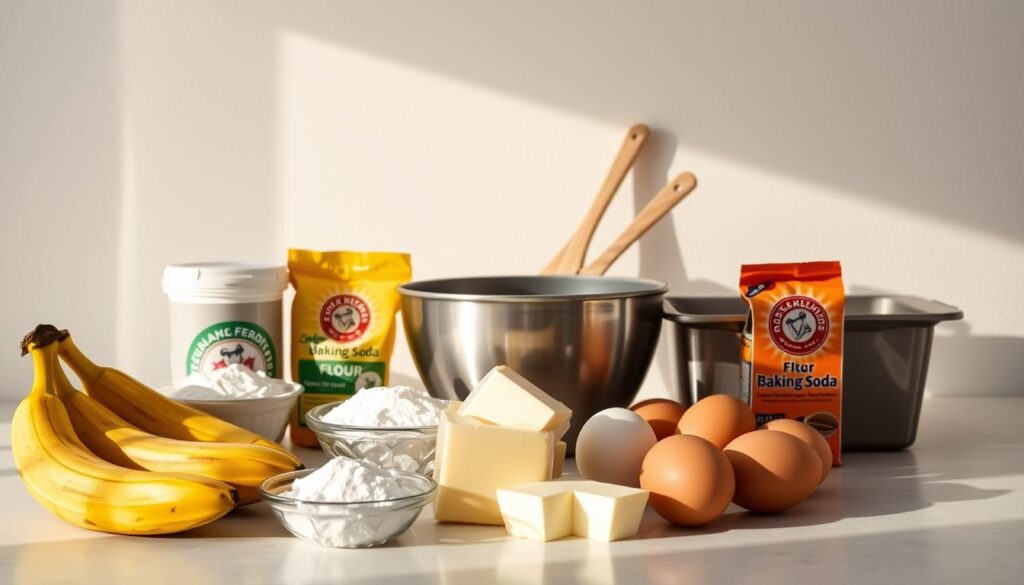 A well-lit kitchen counter arrangement showcasing the essential ingredients for baking the perfect banana bread. In the foreground, ripe bananas, flour, sugar, butter, eggs, and baking soda are neatly placed. In the middle ground, a mixing bowl, a wooden spoon, and a bread loaf pan create a cohesive baking scene. The background features a clean, neutral-toned wall, adding a sense of simplicity and focus to the composition. The lighting is warm and natural, casting gentle shadows and highlights that accentuate the textures and colors of the ingredients. The overall mood is one of culinary preparation, inviting the viewer to imagine the delicious aroma and texture of the homemade banana bread. A well-lit kitchen counter arrangement showcasing the essential ingredients for baking the perfect banana bread. In the foreground, ripe bananas, flour, sugar, butter, eggs, and baking soda are neatly placed. In the middle ground, a mixing bowl, a wooden spoon, and a bread loaf pan create a cohesive baking scene. The background features a clean, neutral-toned wall, adding a sense of simplicity and focus to the composition. The lighting is warm and natural, casting gentle shadows and highlights that accentuate the textures and colors of the ingredients. The overall mood is one of culinary preparation, inviting the viewer to imagine the delicious aroma and texture of the homemade banana bread.