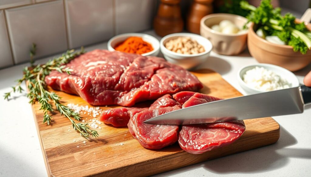 A well-lit kitchen counter showcases the intricate preparation of beef liver. In the foreground, a sharp knife precisely slices through the tender, deep-red liver, revealing its rich, earthy texture. Beside it, a wooden cutting board is adorned with sprigs of fresh thyme and a sprinkle of coarse sea salt, hinting at the flavors to come. In the middle ground, a set of small bowls hold various seasoning ingredients, such as minced garlic, sliced onions, and a hint of paprika, all waiting to be incorporated into the dish. The background features a clean, minimalist aesthetic, allowing the focus to remain on the liver's preparation, captured with a crisp, high-resolution lens and soft, natural lighting that casts subtle shadows, emphasizing the depth and texture of the ingredients.