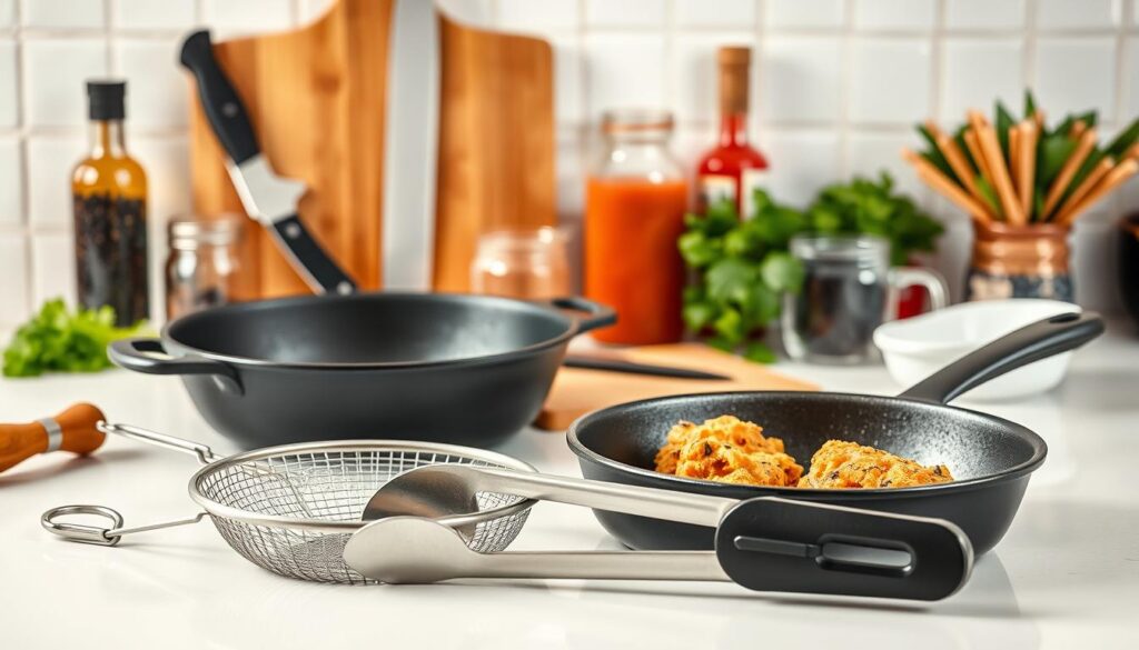 A well-lit kitchen counter with a crisp white surface, showcasing an array of essential tools for preparing a classic chicken fried chicken dish. In the foreground, a cast-iron skillet, a wire mesh strainer, and a sturdy set of tongs take center stage. In the middle ground, a heavy-duty chef's knife, a wooden cutting board, and a measuring cup stand ready. The background features a glass jar filled with freshly cracked black peppercorns, a bottle of hot sauce, and a bundle of fresh parsley, creating a visually harmonious and appetizing composition. The lighting is warm and natural, accentuating the textures and colors of the kitchen essentials, conveying a sense of culinary preparedness and anticipation. A well-lit kitchen counter with a crisp white surface, showcasing an array of essential tools for preparing a classic chicken fried chicken dish. In the foreground, a cast-iron skillet, a wire mesh strainer, and a sturdy set of tongs take center stage. In the middle ground, a heavy-duty chef's knife, a wooden cutting board, and a measuring cup stand ready. The background features a glass jar filled with freshly cracked black peppercorns, a bottle of hot sauce, and a bundle of fresh parsley, creating a visually harmonious and appetizing composition. The lighting is warm and natural, accentuating the textures and colors of the kitchen essentials, conveying a sense of culinary preparedness and anticipation.