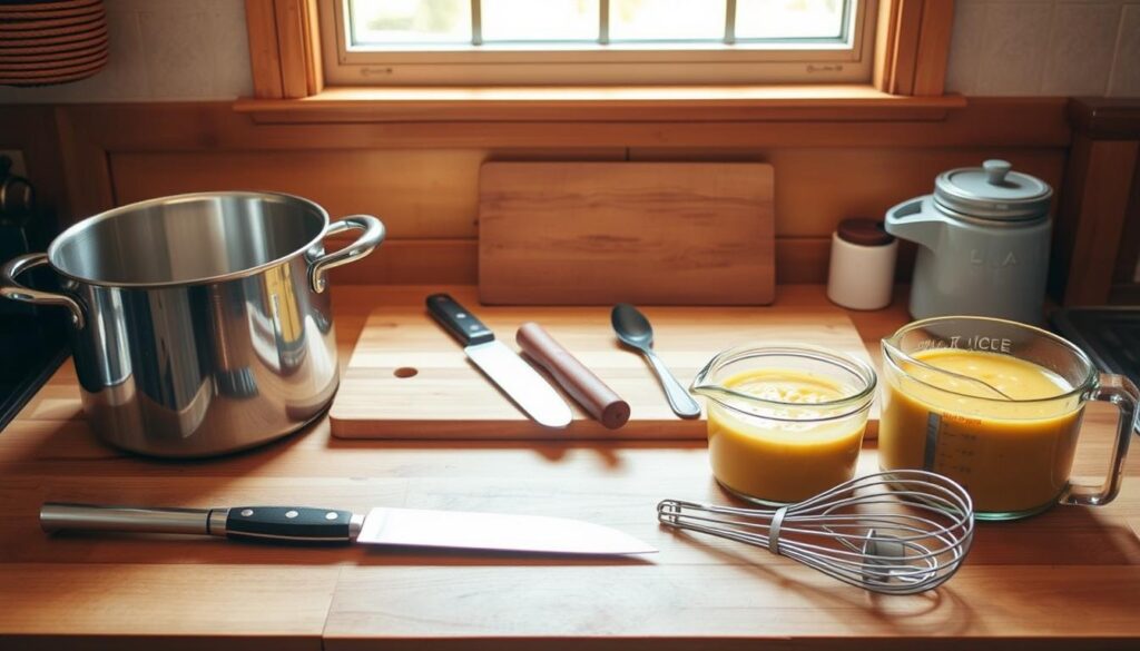 A well-lit kitchen counter with an assortment of homemade chicken corn chowder equipment, including a large stockpot, a wooden cutting board, a sharp chef's knife, a sturdy ladle, a whisk, and a measuring cup. The counter is made of natural wood and has a rustic, homey vibe. Warm, golden lighting casts a cozy glow over the scene, and the equipment appears clean, organized, and ready for use. The overall atmosphere is one of comforting domesticity, inviting the viewer to imagine the delicious chowder that will soon be prepared with these tools. A well-lit kitchen counter with an assortment of homemade chicken corn chowder equipment, including a large stockpot, a wooden cutting board, a sharp chef's knife, a sturdy ladle, a whisk, and a measuring cup. The counter is made of natural wood and has a rustic, homey vibe. Warm, golden lighting casts a cozy glow over the scene, and the equipment appears clean, organized, and ready for use. The overall atmosphere is one of comforting domesticity, inviting the viewer to imagine the delicious chowder that will soon be prepared with these tools.
