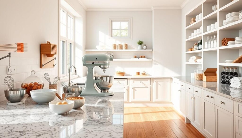 Bright and airy kitchen with natural light streaming through large windows. Spotless countertops made of gleaming granite, neatly arranged with baking essentials - mixing bowls, whisks, measuring cups, and spoons. A vintage stand mixer in a muted pastel hue stands ready on the counter. Shelves lining the walls display an array of baking ingredients - flour, sugar, chocolate chips, sprinkles. Warm wooden floors and minimalist decor create a welcoming, inviting atmosphere. The scene exudes a sense of calm, organized preparation, ready to embark on a baking adventure. Bright and airy kitchen with natural light streaming through large windows. Spotless countertops made of gleaming granite, neatly arranged with baking essentials - mixing bowls, whisks, measuring cups, and spoons. A vintage stand mixer in a muted pastel hue stands ready on the counter. Shelves lining the walls display an array of baking ingredients - flour, sugar, chocolate chips, sprinkles. Warm wooden floors and minimalist decor create a welcoming, inviting atmosphere. The scene exudes a sense of calm, organized preparation, ready to embark on a baking adventure.