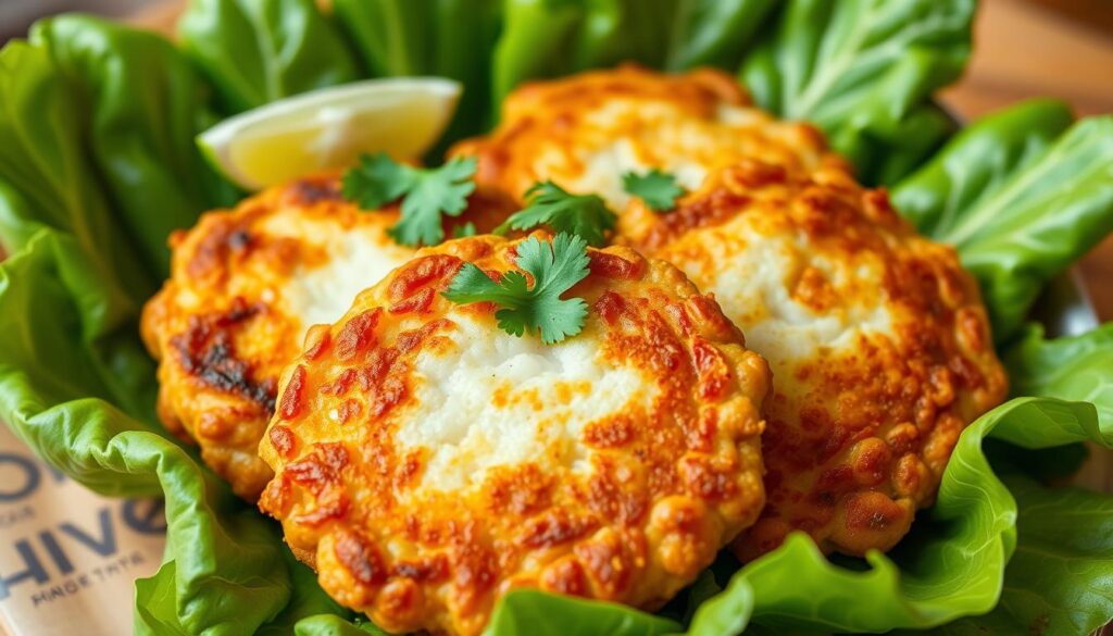 Crisp, golden-brown Thai fish cakes, freshly fried and glistening, sit atop a bed of vibrant green cabbage leaves. The cakes are neatly arranged, each one a uniform oval shape, their edges slightly crisped and their centers soft and succulent. A sprinkle of chopped cilantro and a wedge of lime provide a pop of color and a zesty, herbal accent. The scene is captured in warm, natural lighting, highlighting the textural contrast between the crunchy exterior and the tender interior of the fish cakes. The image conveys an appetizing and authentic representation of this beloved Thai street food delicacy. Crisp, golden-brown Thai fish cakes, freshly fried and glistening, sit atop a bed of vibrant green cabbage leaves. The cakes are neatly arranged, each one a uniform oval shape, their edges slightly crisped and their centers soft and succulent. A sprinkle of chopped cilantro and a wedge of lime provide a pop of color and a zesty, herbal accent. The scene is captured in warm, natural lighting, highlighting the textural contrast between the crunchy exterior and the tender interior of the fish cakes. The image conveys an appetizing and authentic representation of this beloved Thai street food delicacy.