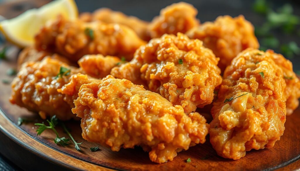 Crisp, golden-brown chicken fried chicken, freshly fried to perfection. The tender, juicy meat is encased in a delicate, crunchy breading that glistens under the warm, directional lighting. Droplets of hot oil dot the surface, creating a sizzling, tantalizing texture. The chicken is arranged on a rustic wooden board, with a light scattering of fresh herbs and a wedge of lemon for a pop of color and acidity. The scene is captured from a slightly elevated angle, highlighting the layers of the dish and inviting the viewer to imagine the satisfying crunch and savory flavors. Crisp, golden-brown chicken fried chicken, freshly fried to perfection. The tender, juicy meat is encased in a delicate, crunchy breading that glistens under the warm, directional lighting. Droplets of hot oil dot the surface, creating a sizzling, tantalizing texture. The chicken is arranged on a rustic wooden board, with a light scattering of fresh herbs and a wedge of lemon for a pop of color and acidity. The scene is captured from a slightly elevated angle, highlighting the layers of the dish and inviting the viewer to imagine the satisfying crunch and savory flavors.