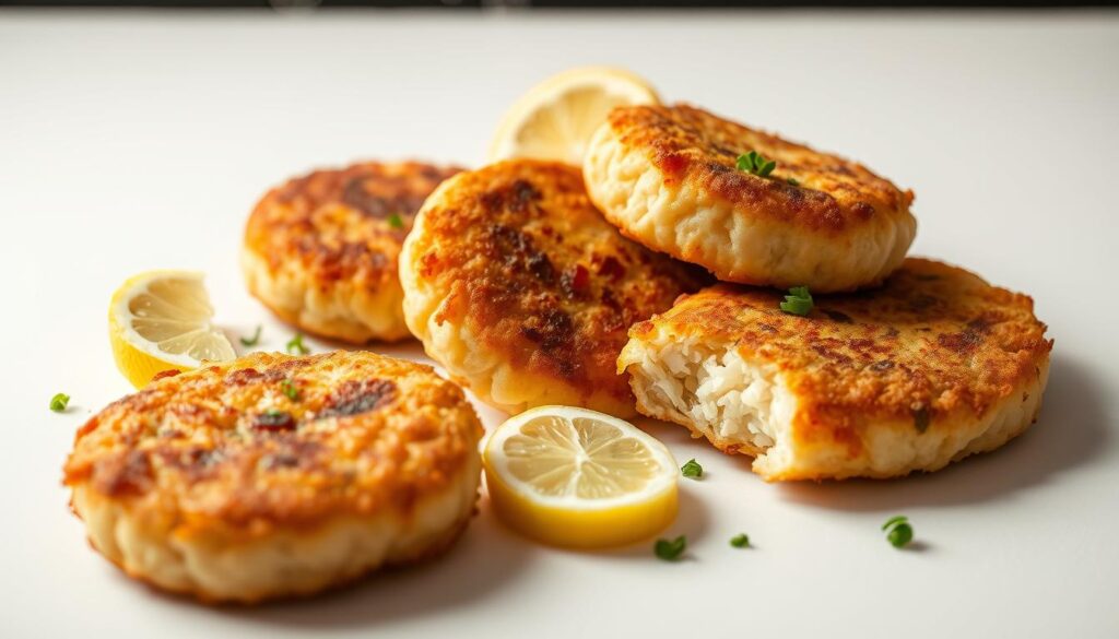Crisp, golden-brown fish cakes, freshly fried and glistening under warm studio lighting. The cakes sit atop a clean, minimalist white background, their delicate, flaky interiors revealed. Wisps of steam rise, hinting at the tender, flavorful seafood within. Lemon wedges and a sprinkle of chopped parsley add a touch of freshness, complementing the savory dish. The composition is simple yet elegant, showcasing the cakes as the star of the scene. The angle is slightly elevated, providing an appetizing, mouth-watering perspective. An inviting, sophisticated ambiance pervades the image, capturing the essence of "The Delicious World of Fish Cakes". Crisp, golden-brown fish cakes, freshly fried and glistening under warm studio lighting. The cakes sit atop a clean, minimalist white background, their delicate, flaky interiors revealed. Wisps of steam rise, hinting at the tender, flavorful seafood within. Lemon wedges and a sprinkle of chopped parsley add a touch of freshness, complementing the savory dish. The composition is simple yet elegant, showcasing the cakes as the star of the scene. The angle is slightly elevated, providing an appetizing, mouth-watering perspective. An inviting, sophisticated ambiance pervades the image, capturing the essence of "The Delicious World of Fish Cakes".