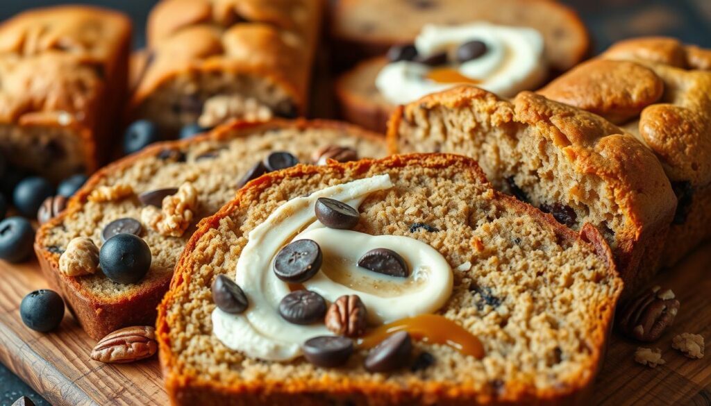 Crisp, golden-crusted slices of moist, fragrant banana bread, showcasing an array of creative variations. In the foreground, a diverse assortment of mix-ins: plump, juicy blueberries, crunchy walnuts, and decadent chocolate chips. In the middle ground, a swirl of rich cream cheese filling, while a scattering of chopped pecans and a drizzle of caramel sauce add depth and texture. The background depicts a rustic wooden board, its weathered surface complementing the homemade, artisanal feel. Soft, directional lighting highlights the inviting textures and vibrant colors, evoking a cozy, welcoming atmosphere. Captured with a wide-angle lens to emphasize the variety of creative banana bread possibilities. Crisp, golden-crusted slices of moist, fragrant banana bread, showcasing an array of creative variations. In the foreground, a diverse assortment of mix-ins: plump, juicy blueberries, crunchy walnuts, and decadent chocolate chips. In the middle ground, a swirl of rich cream cheese filling, while a scattering of chopped pecans and a drizzle of caramel sauce add depth and texture. The background depicts a rustic wooden board, its weathered surface complementing the homemade, artisanal feel. Soft, directional lighting highlights the inviting textures and vibrant colors, evoking a cozy, welcoming atmosphere. Captured with a wide-angle lens to emphasize the variety of creative banana bread possibilities.