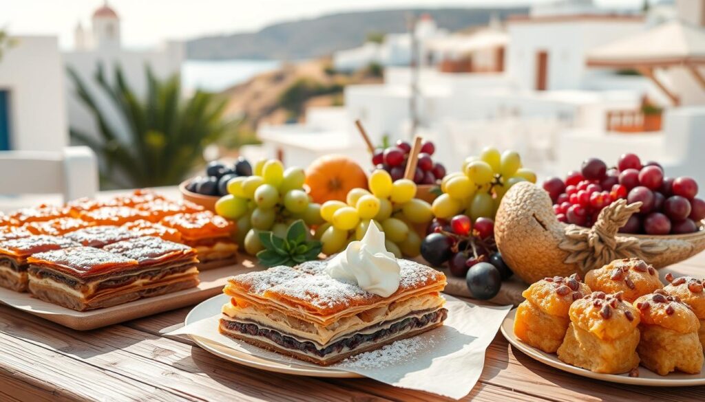 High-resolution photograph of an assortment of traditional Greek desserts, shot with a professional DSLR camera using a macro lens and natural lighting. The foreground features a selection of classic Greek pastries, including baklava, galaktoboureko, and loukoumades, arranged artfully on a rustic wooden table. The middle ground showcases a variety of fresh fruits, such as figs, grapes, and pomegranate seeds, complementing the desserts. The background depicts a serene, sun-dappled Greek landscape, with whitewashed buildings and lush, vibrant greenery. The overall mood is warm, inviting, and true to the authentic flavors and aesthetics of Greek culinary culture. High-resolution photograph of an assortment of traditional Greek desserts, shot with a professional DSLR camera using a macro lens and natural lighting. The foreground features a selection of classic Greek pastries, including baklava, galaktoboureko, and loukoumades, arranged artfully on a rustic wooden table. The middle ground showcases a variety of fresh fruits, such as figs, grapes, and pomegranate seeds, complementing the desserts. The background depicts a serene, sun-dappled Greek landscape, with whitewashed buildings and lush, vibrant greenery. The overall mood is warm, inviting, and true to the authentic flavors and aesthetics of Greek culinary culture.