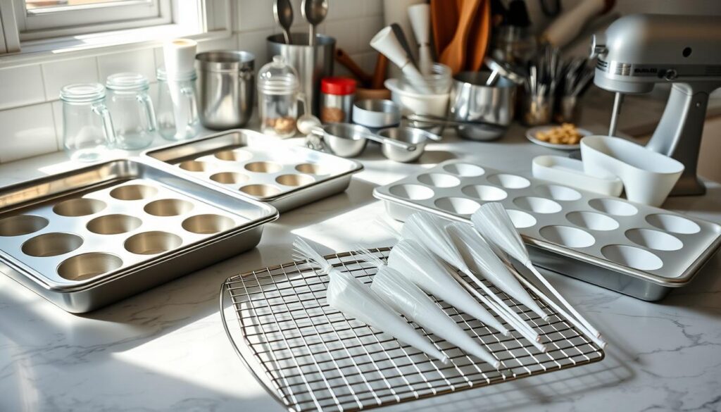 Stainless steel baking trays, silicone molds, and a hand mixer laid out on a marble countertop. Bright, natural lighting illuminates the scene, casting soft shadows. In the foreground, a wire cooling rack and piping bags sit neatly arranged, ready for decorating. The background features an assortment of measuring cups, spoons, and other essential tools for baking Starbucks-style cake pops. The overall mood is clean, organized, and inviting, reflecting the professional-quality equipment needed to create these delectable treats at home. Stainless steel baking trays, silicone molds, and a hand mixer laid out on a marble countertop. Bright, natural lighting illuminates the scene, casting soft shadows. In the foreground, a wire cooling rack and piping bags sit neatly arranged, ready for decorating. The background features an assortment of measuring cups, spoons, and other essential tools for baking Starbucks-style cake pops. The overall mood is clean, organized, and inviting, reflecting the professional-quality equipment needed to create these delectable treats at home.
