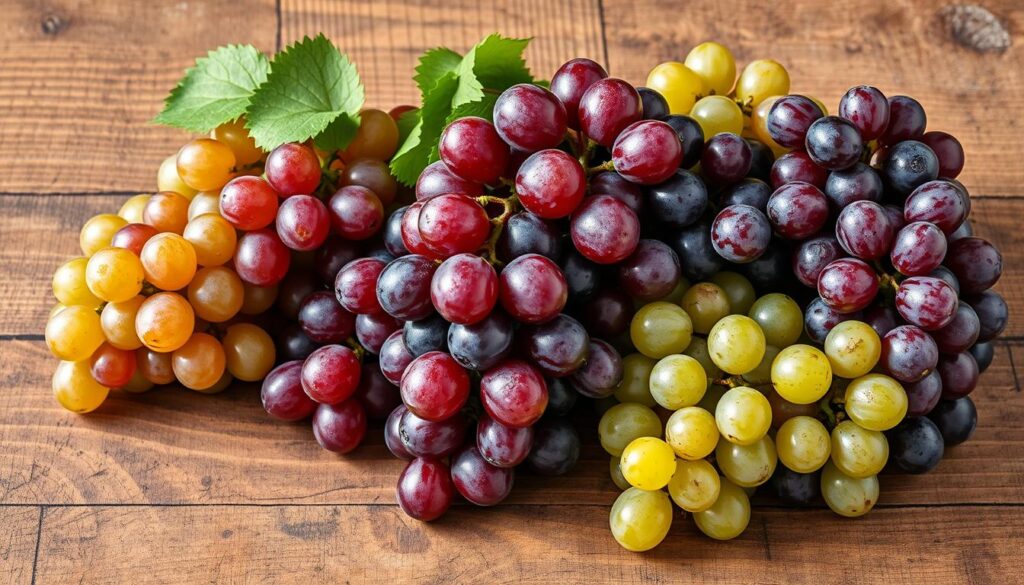 Vibrant clusters of diverse grape varietals, including plump Concord, juicy Crimson, and sweet Green Globe, meticulously arranged on a rustic wooden surface. Soft, directional lighting casts gentle shadows, accentuating the luscious texture and vibrant hues of the grapes. The scene evokes a sense of freshness and inviting tactility, perfectly capturing the essential ingredients for a delectable grape salad. Vibrant clusters of diverse grape varietals, including plump Concord, juicy Crimson, and sweet Green Globe, meticulously arranged on a rustic wooden surface. Soft, directional lighting casts gentle shadows, accentuating the luscious texture and vibrant hues of the grapes. The scene evokes a sense of freshness and inviting tactility, perfectly capturing the essential ingredients for a delectable grape salad.