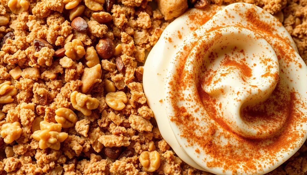 a close-up, high-resolution photograph of freshly baked coffee cake toppings, including a layer of crumbly streusel topping made with brown sugar, cinnamon, and chopped walnuts, and a swirl of rich, creamy cream cheese frosting with a sprinkle of ground cinnamon, captured in natural lighting with a shallow depth of field to make the textures and colors pop, shot from an overhead angle to showcase the enticing details of the coffee cake toppings a close-up, high-resolution photograph of freshly baked coffee cake toppings, including a layer of crumbly streusel topping made with brown sugar, cinnamon, and chopped walnuts, and a swirl of rich, creamy cream cheese frosting with a sprinkle of ground cinnamon, captured in natural lighting with a shallow depth of field to make the textures and colors pop, shot from an overhead angle to showcase the enticing details of the coffee cake toppings