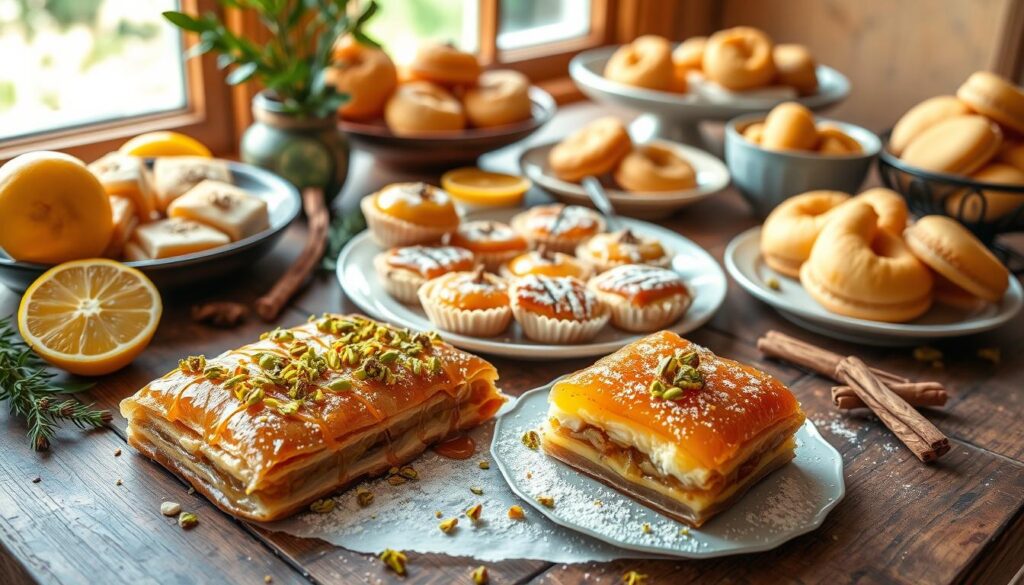 a vibrant still life of popular traditional Greek desserts, elegantly arranged on a rustic wooden table in natural window lighting. In the foreground, a selection of luscious baklava pastries with flaky phyllo dough, drizzled with honey and sprinkled with crushed pistachios. In the middle ground, a platter of creamy, golden-crusted galaktoboureko custard pies, with a dusting of powdered sugar. In the background, a plate of fluffy, syrup-soaked loukoumades fritters, and a bowl of aromatic, spiced melomakarona cookies. The table is adorned with fresh citrus fruits, cinnamon sticks, and a few sprigs of fragrant herbs, creating a rich, mouthwatering scene that captures the essence of classic Greek dessert delights. a vibrant still life of popular traditional Greek desserts, elegantly arranged on a rustic wooden table in natural window lighting. In the foreground, a selection of luscious baklava pastries with flaky phyllo dough, drizzled with honey and sprinkled with crushed pistachios. In the middle ground, a platter of creamy, golden-crusted galaktoboureko custard pies, with a dusting of powdered sugar. In the background, a plate of fluffy, syrup-soaked loukoumades fritters, and a bowl of aromatic, spiced melomakarona cookies. The table is adorned with fresh citrus fruits, cinnamon sticks, and a few sprigs of fragrant herbs, creating a rich, mouthwatering scene that captures the essence of classic Greek dessert delights.