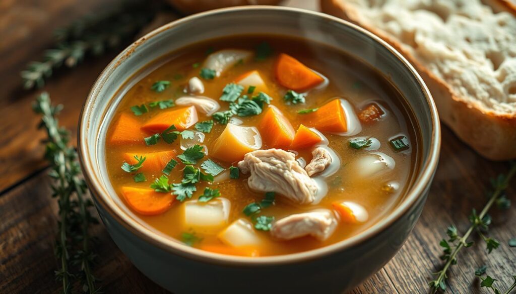 A beautifully lit close-up of a steaming bowl of homemade chicken soup, with freshly chopped parsley, diced carrots, and slivers of tender chicken floating in a rich, golden broth. The soup is presented on a rustic wooden table, with a sprig of thyme and a crusty bread roll nearby, conveying a cozy, comforting atmosphere. Soft, warm lighting highlights the inviting textures and colors of the soup, creating a mouthwatering, appetizing scene that captures the essence of a delicious, nourishing chicken soup. A beautifully lit close-up of a steaming bowl of homemade chicken soup, with freshly chopped parsley, diced carrots, and slivers of tender chicken floating in a rich, golden broth. The soup is presented on a rustic wooden table, with a sprig of thyme and a crusty bread roll nearby, conveying a cozy, comforting atmosphere. Soft, warm lighting highlights the inviting textures and colors of the soup, creating a mouthwatering, appetizing scene that captures the essence of a delicious, nourishing chicken soup.