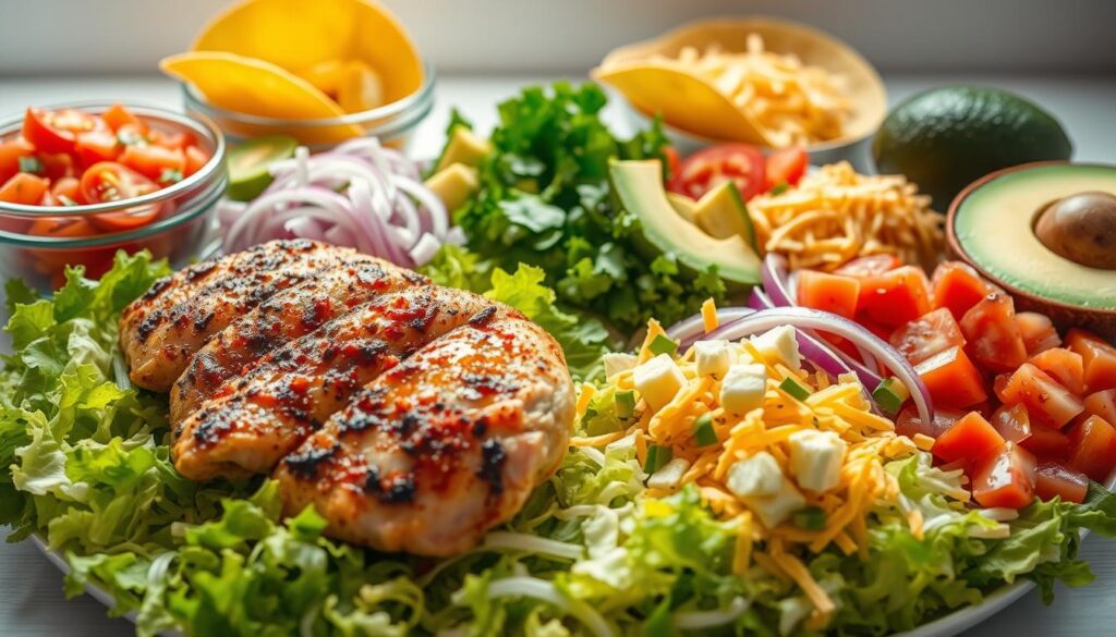 A bountiful display of fresh, vibrant ingredients for the perfect chicken taco. In the foreground, juicy grilled chicken thighs, sizzling with a blend of spices, sit atop a bed of crisp, shredded lettuce. Surrounding them, an array of toppings: diced tomatoes, crunchy slices of red onion, creamy avocado chunks, and a sprinkle of shredded cheddar cheese. In the middle ground, warm, soft taco shells await, their golden hue radiating an inviting glow. The background is a clean, minimalist workspace, allowing the ingredients to take center stage and shine. Warm, natural lighting bathes the scene, enhancing the vibrant colors and appetizing textures, creating an image that perfectly captures the essence of a delicious, homemade chicken taco. A bountiful display of fresh, vibrant ingredients for the perfect chicken taco. In the foreground, juicy grilled chicken thighs, sizzling with a blend of spices, sit atop a bed of crisp, shredded lettuce. Surrounding them, an array of toppings: diced tomatoes, crunchy slices of red onion, creamy avocado chunks, and a sprinkle of shredded cheddar cheese. In the middle ground, warm, soft taco shells await, their golden hue radiating an inviting glow. The background is a clean, minimalist workspace, allowing the ingredients to take center stage and shine. Warm, natural lighting bathes the scene, enhancing the vibrant colors and appetizing textures, creating an image that perfectly captures the essence of a delicious, homemade chicken taco.